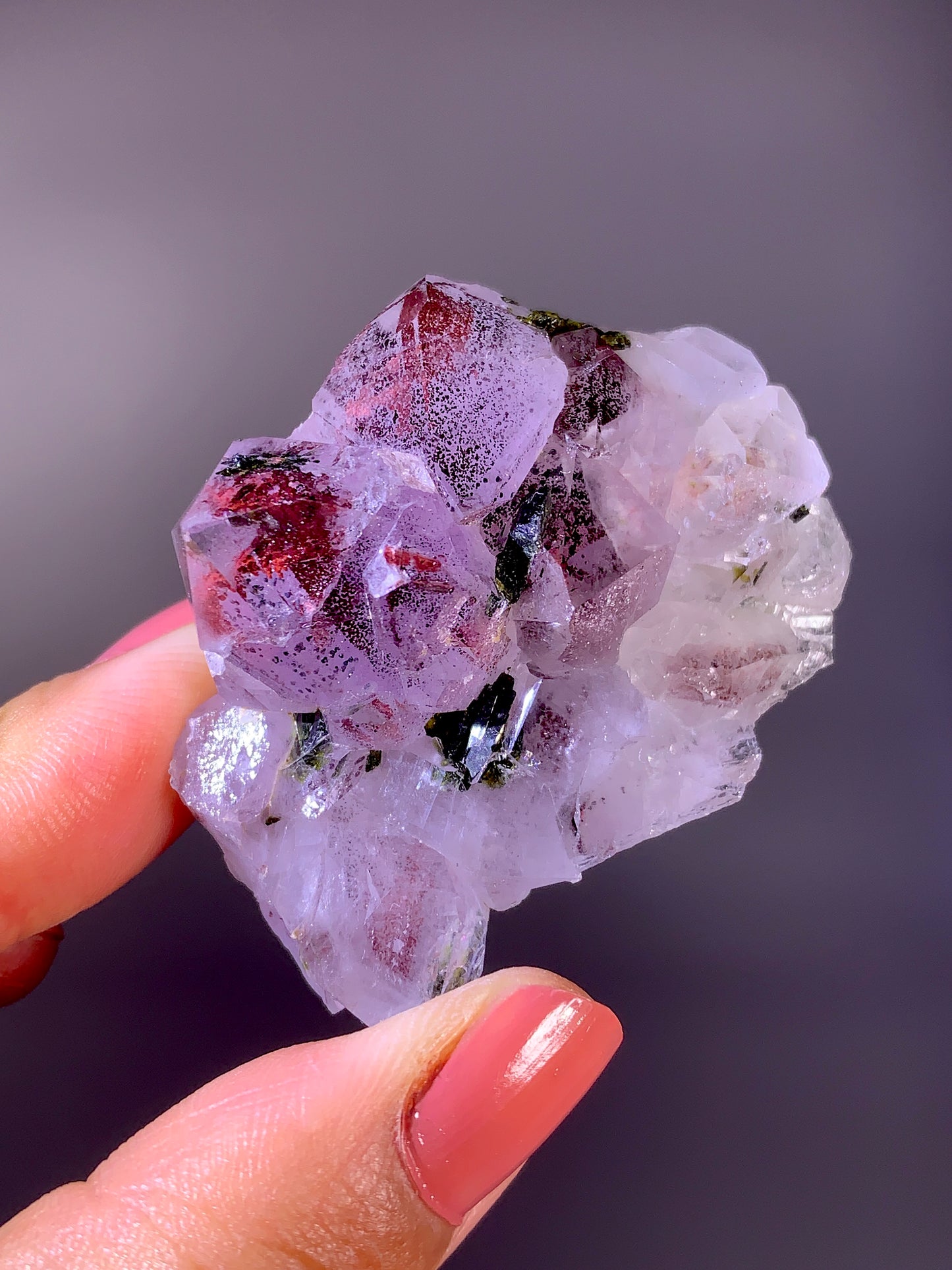 High-Grade Red Sichuan Garden Quartz with Hematite Inclusion on Amethyst & Epidote | Rare Collector Mineral Specimen