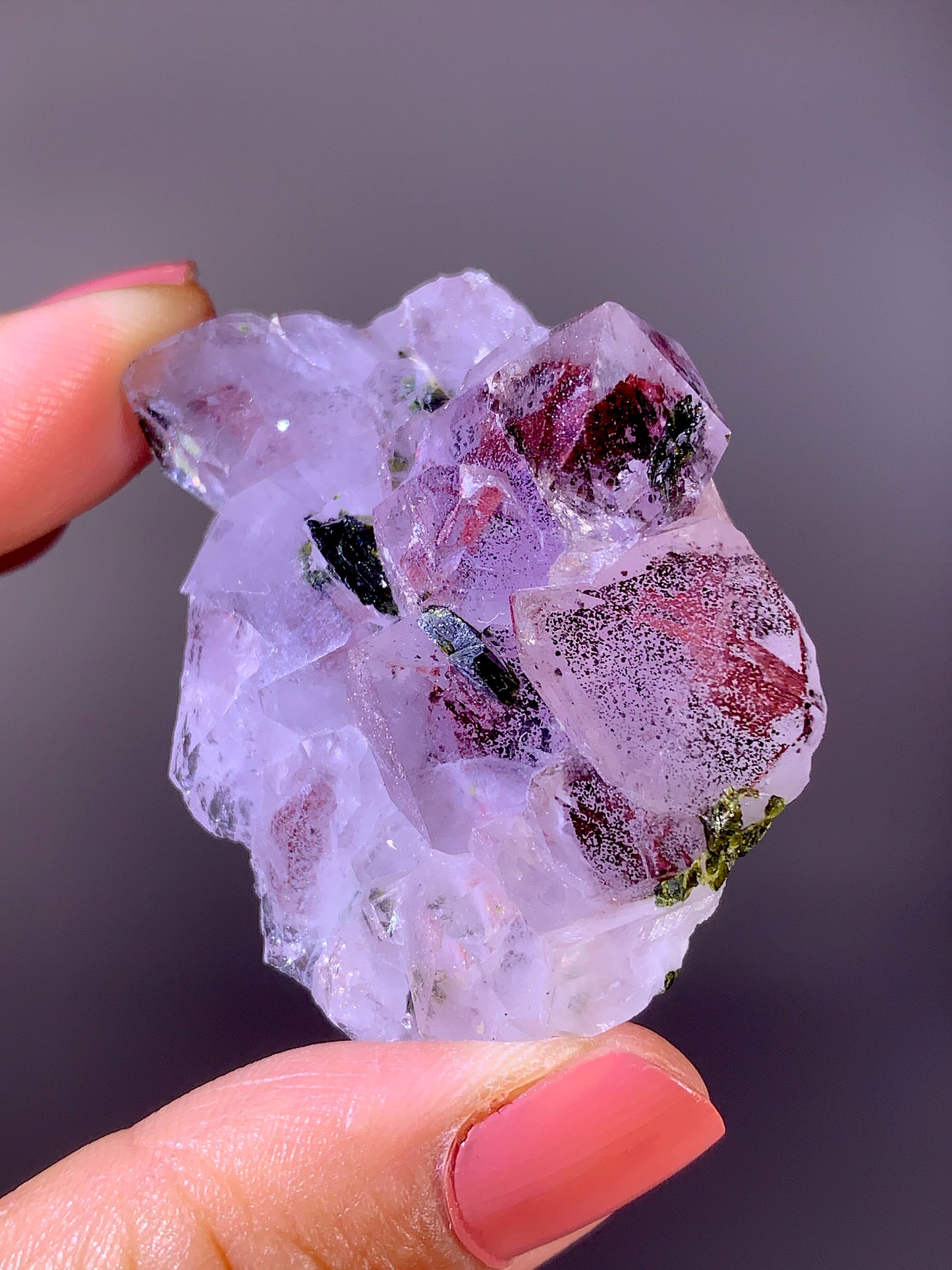 High-Grade Red Sichuan Garden Quartz with Hematite Inclusion on Amethyst & Epidote | Rare Collector Mineral Specimen