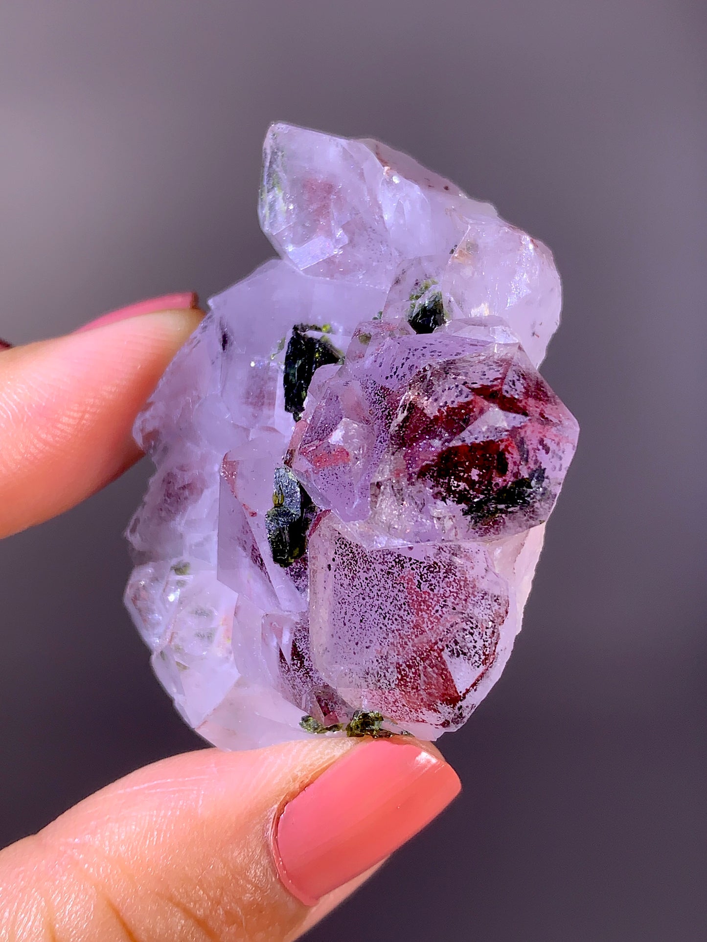 High-Grade Red Sichuan Garden Quartz with Hematite Inclusion on Amethyst & Epidote | Rare Collector Mineral Specimen