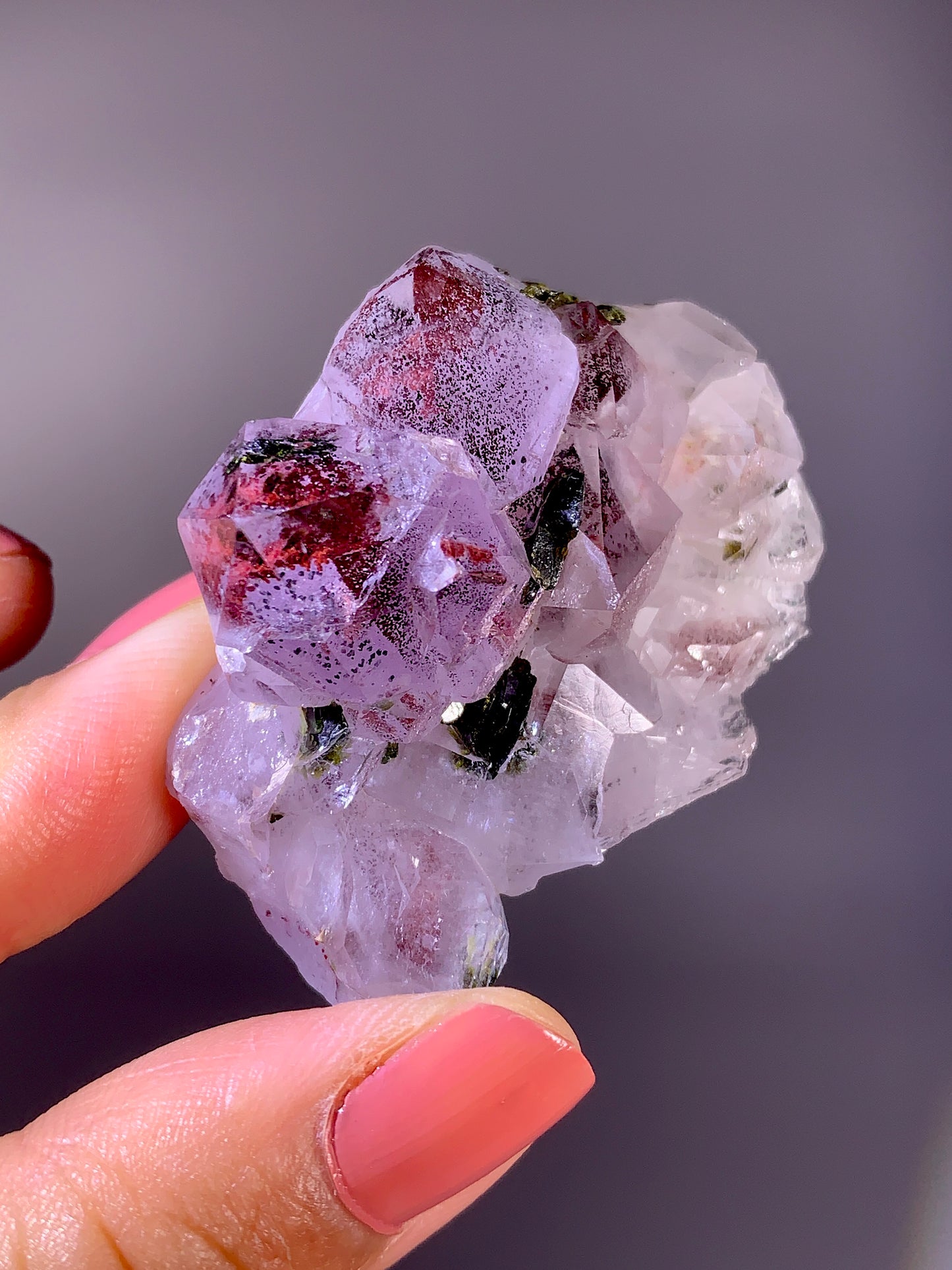 High-Grade Red Sichuan Garden Quartz with Hematite Inclusion on Amethyst & Epidote | Rare Collector Mineral Specimen