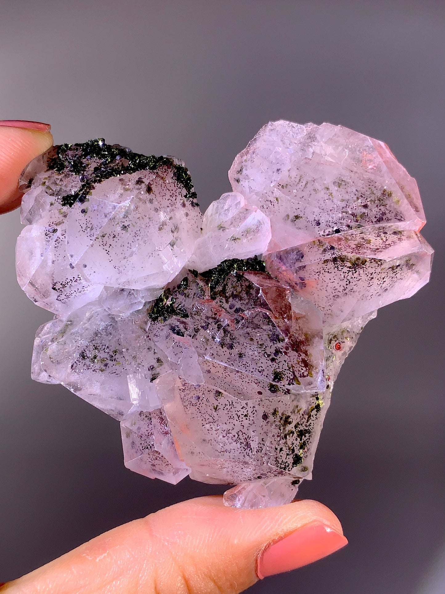 High-Grade Pink Sichuan Garden Quartz with Hematite Inclusion on Amethyst & Epidote | Rare Collector Mineral Specimen