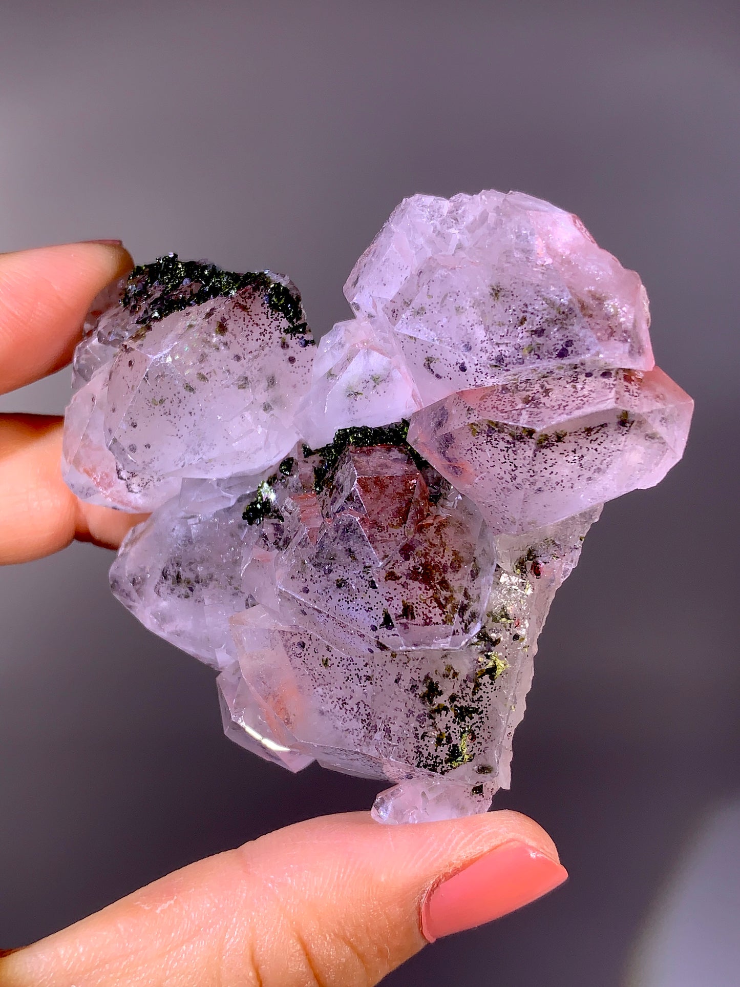 High-Grade Pink Sichuan Garden Quartz with Hematite Inclusion on Amethyst & Epidote | Rare Collector Mineral Specimen