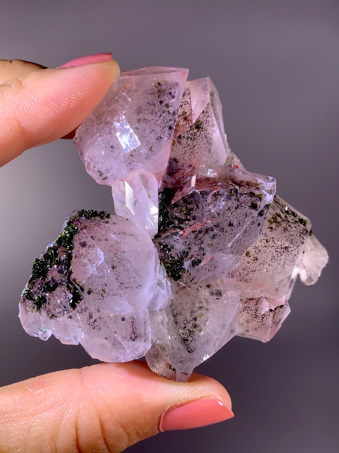 High-Grade Pink Sichuan Garden Quartz with Hematite Inclusion on Amethyst & Epidote | Rare Collector Mineral Specimen