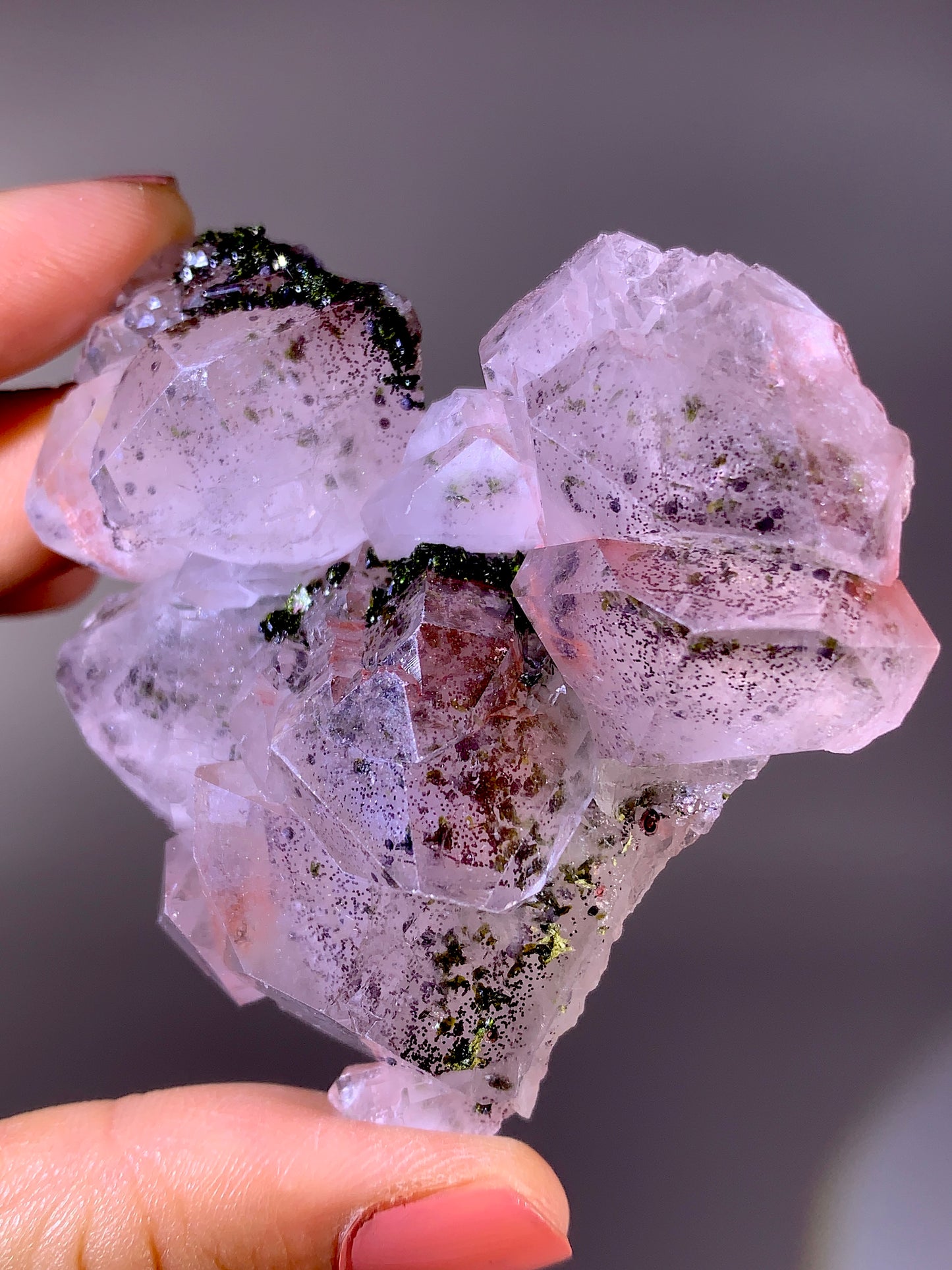 High-Grade Pink Sichuan Garden Quartz with Hematite Inclusion on Amethyst & Epidote | Rare Collector Mineral Specimen