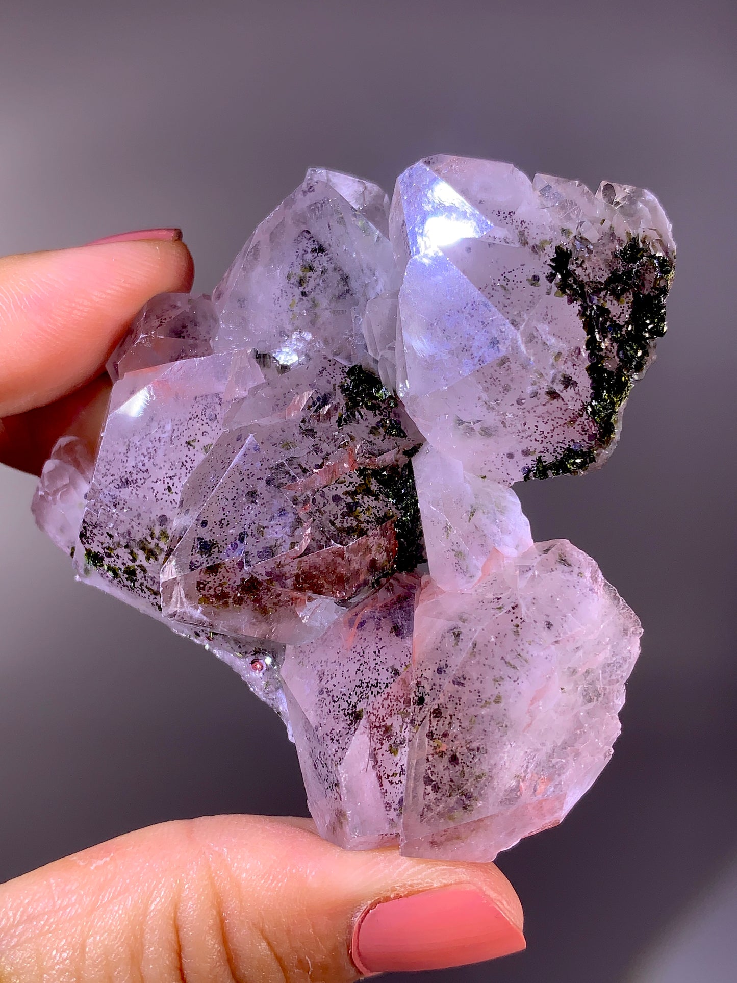 High-Grade Pink Sichuan Garden Quartz with Hematite Inclusion on Amethyst & Epidote | Rare Collector Mineral Specimen