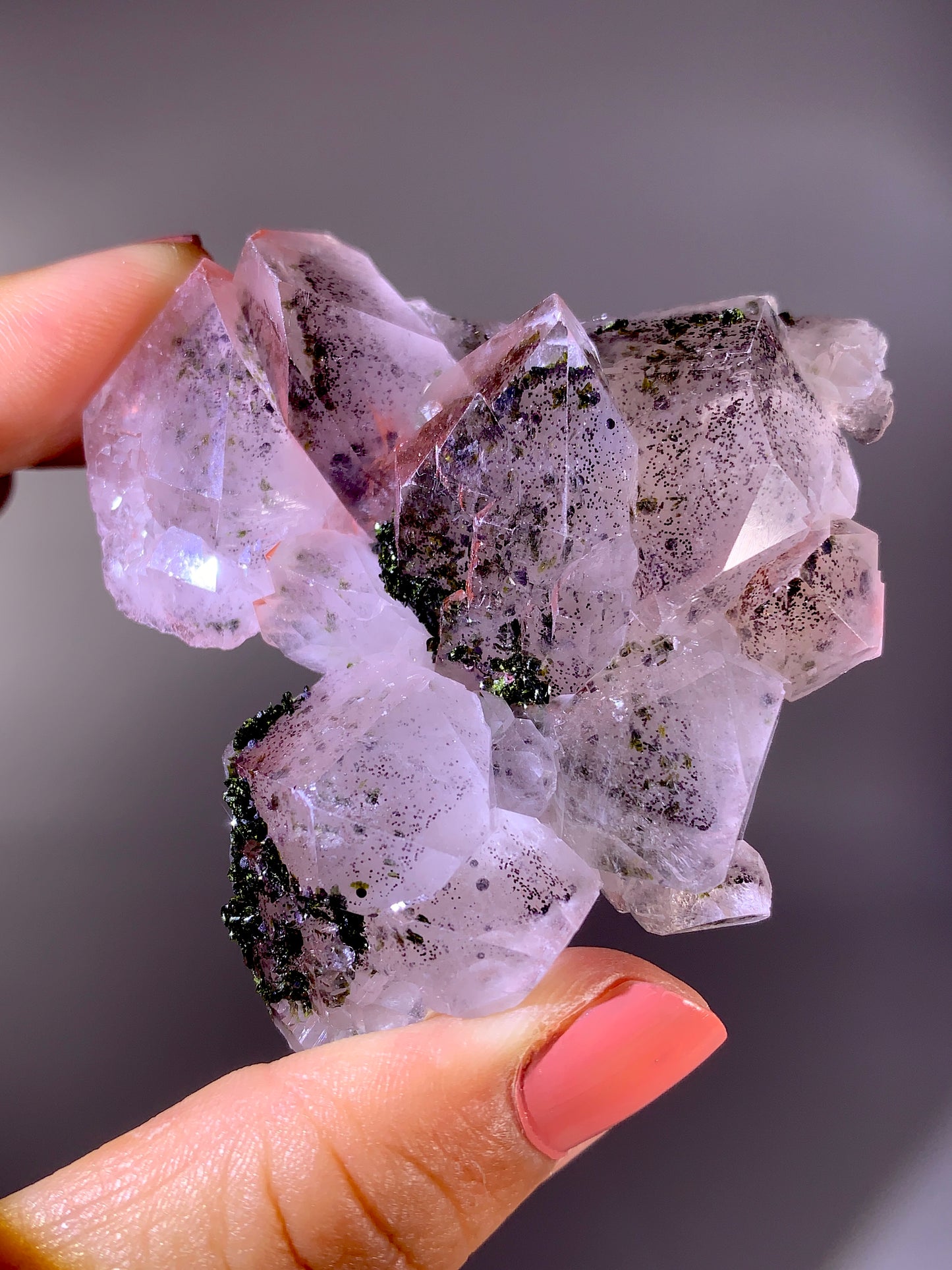 High-Grade Pink Sichuan Garden Quartz with Hematite Inclusion on Amethyst & Epidote | Rare Collector Mineral Specimen