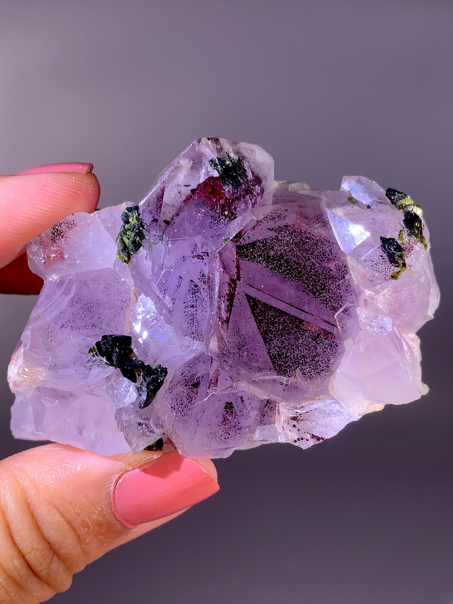 High-Grade Red Sichuan Garden Quartz with Hematite Inclusion on Amethyst & Epidote | Rare Collector Mineral Specimen