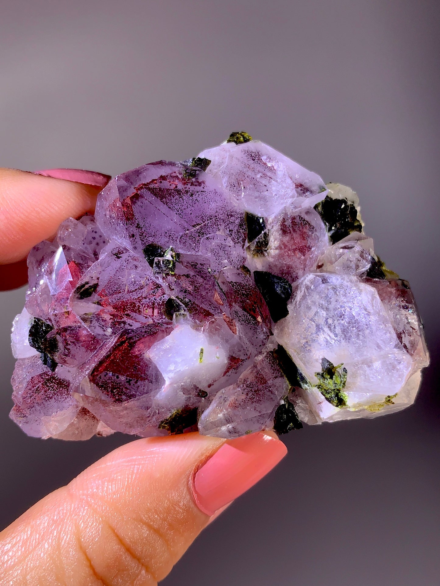 High-Grade Red Sichuan Garden Quartz with Hematite Inclusion on Amethyst & Epidote | Rare Collector Mineral Specimen