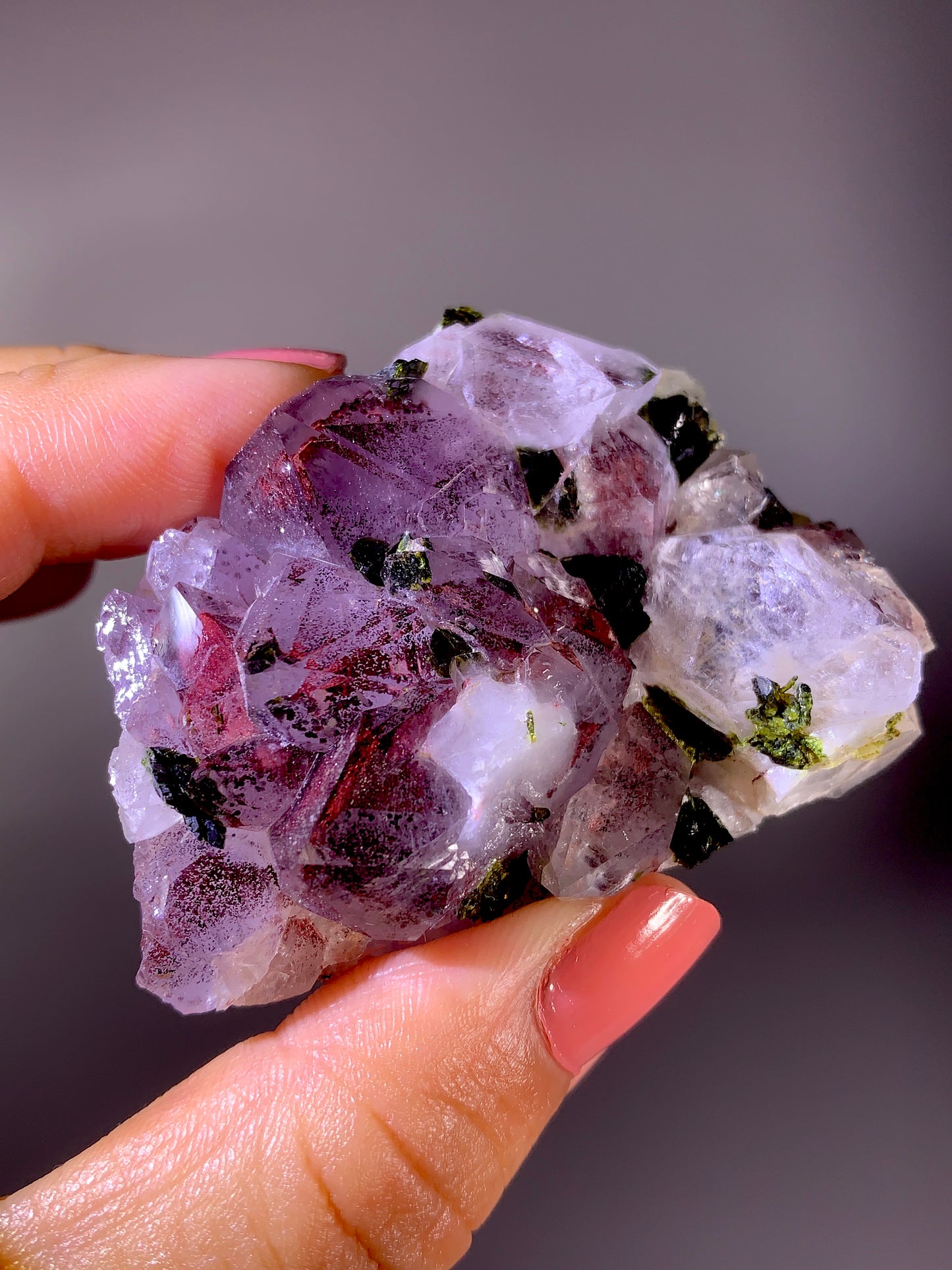 High-Grade Red Sichuan Garden Quartz with Hematite Inclusion on Amethyst & Epidote | Rare Collector Mineral Specimen