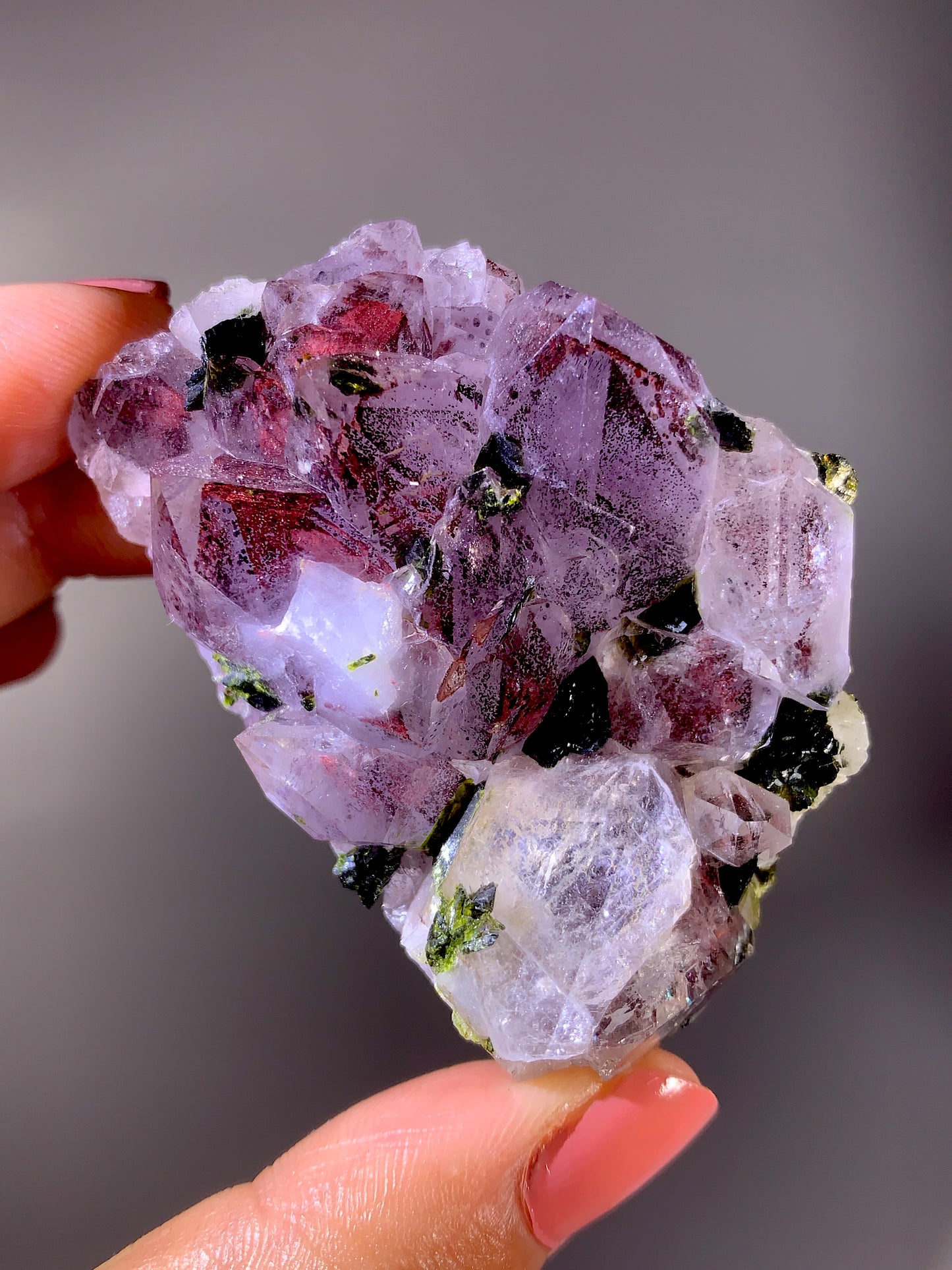 High-Grade Red Sichuan Garden Quartz with Hematite Inclusion on Amethyst & Epidote | Rare Collector Mineral Specimen