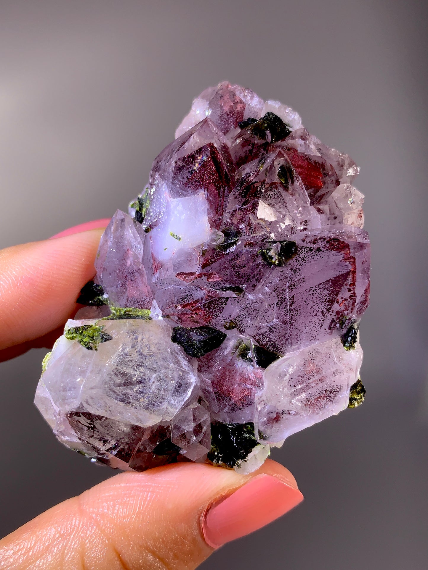 High-Grade Red Sichuan Garden Quartz with Hematite Inclusion on Amethyst & Epidote | Rare Collector Mineral Specimen