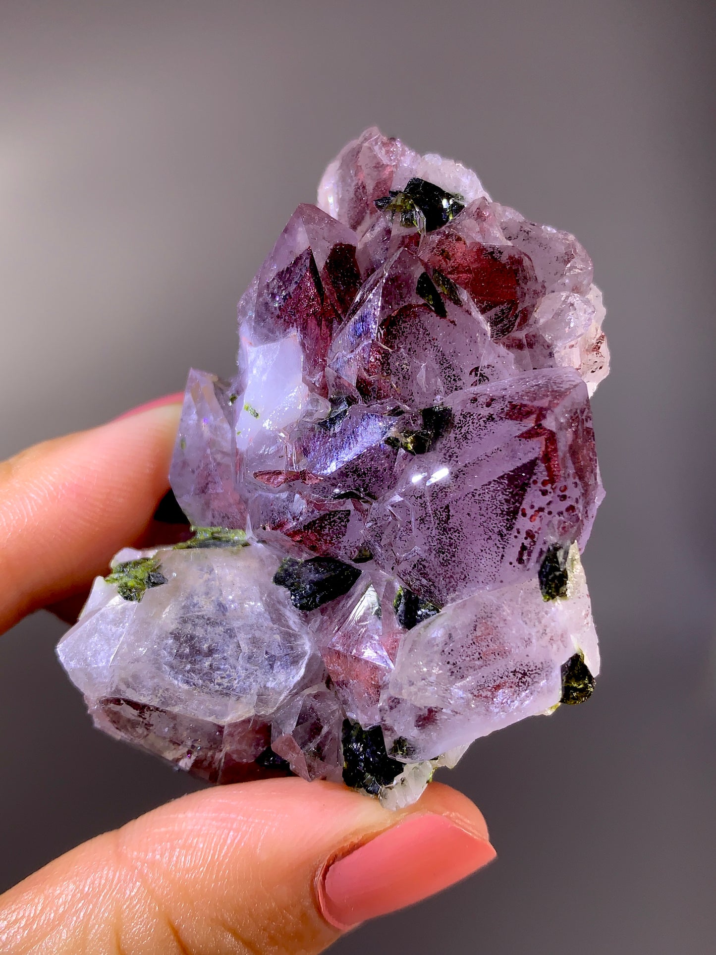 High-Grade Red Sichuan Garden Quartz with Hematite Inclusion on Amethyst & Epidote | Rare Collector Mineral Specimen