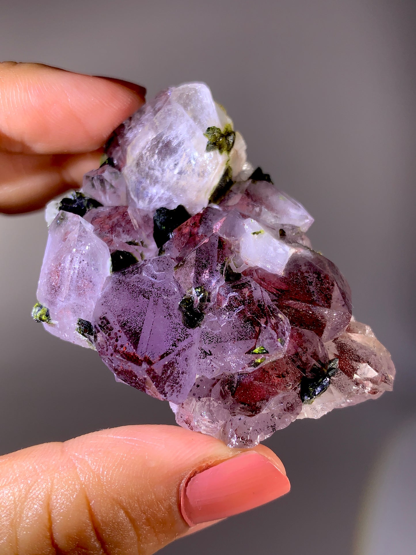 High-Grade Red Sichuan Garden Quartz with Hematite Inclusion on Amethyst & Epidote | Rare Collector Mineral Specimen