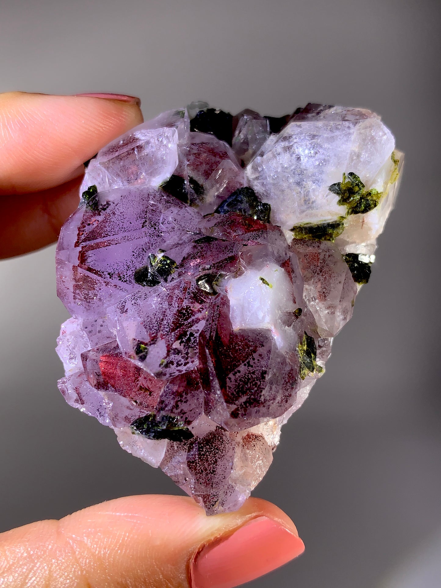 High-Grade Red Sichuan Garden Quartz with Hematite Inclusion on Amethyst & Epidote | Rare Collector Mineral Specimen