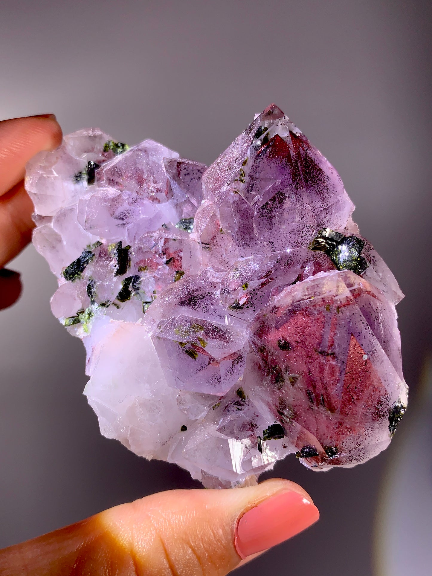 High-Grade Red Sichuan Garden Quartz with Hematite Inclusion on Amethyst & Epidote | Rare Collector Mineral Specimen