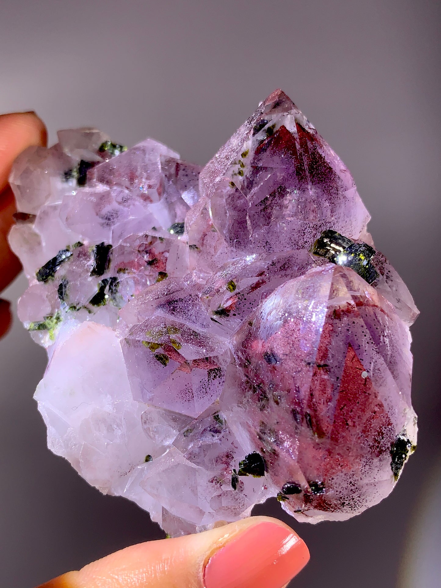 High-Grade Red Sichuan Garden Quartz with Hematite Inclusion on Amethyst & Epidote | Rare Collector Mineral Specimen