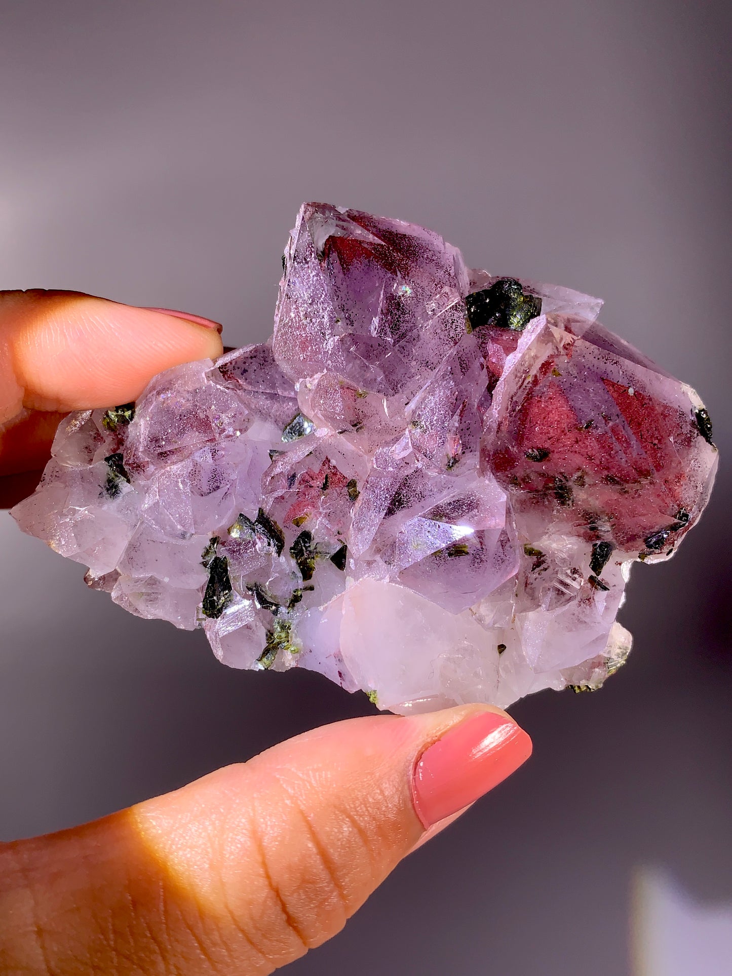 High-Grade Red Sichuan Garden Quartz with Hematite Inclusion on Amethyst & Epidote | Rare Collector Mineral Specimen