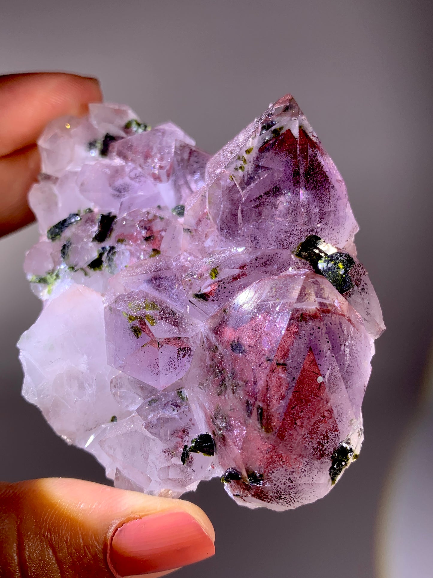 High-Grade Red Sichuan Garden Quartz with Hematite Inclusion on Amethyst & Epidote | Rare Collector Mineral Specimen