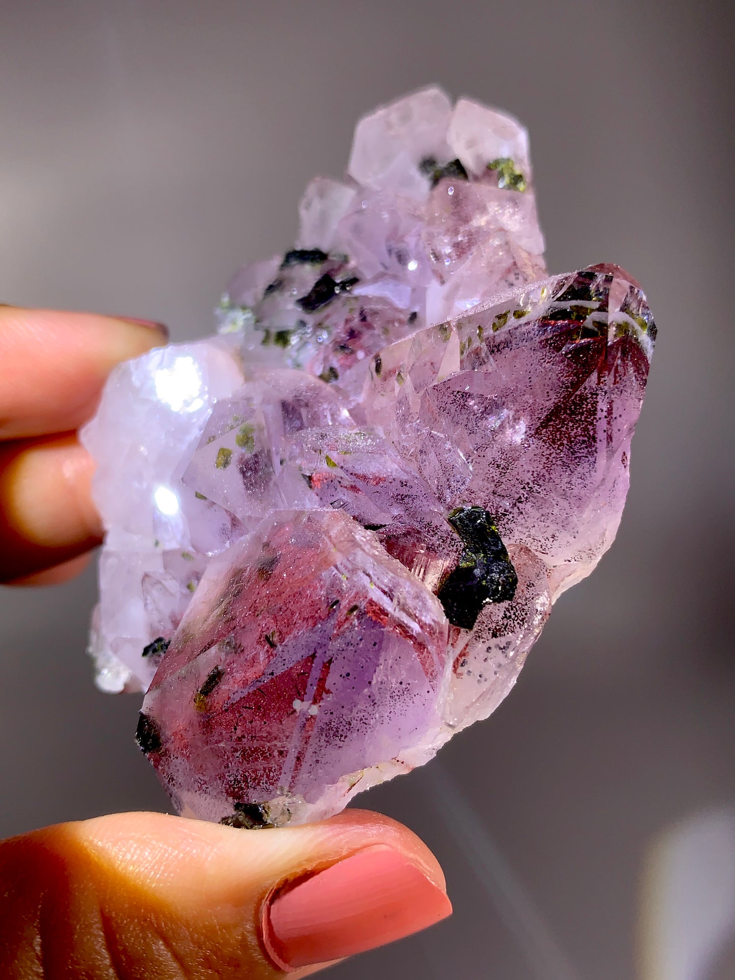 High-Grade Red Sichuan Garden Quartz with Hematite Inclusion on Amethyst & Epidote | Rare Collector Mineral Specimen