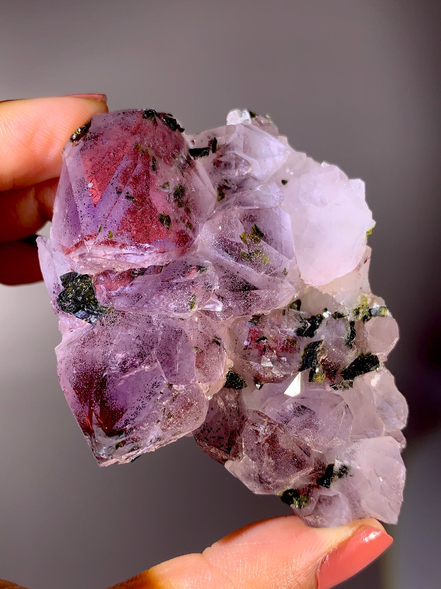 High-Grade Red Sichuan Garden Quartz with Hematite Inclusion on Amethyst & Epidote | Rare Collector Mineral Specimen
