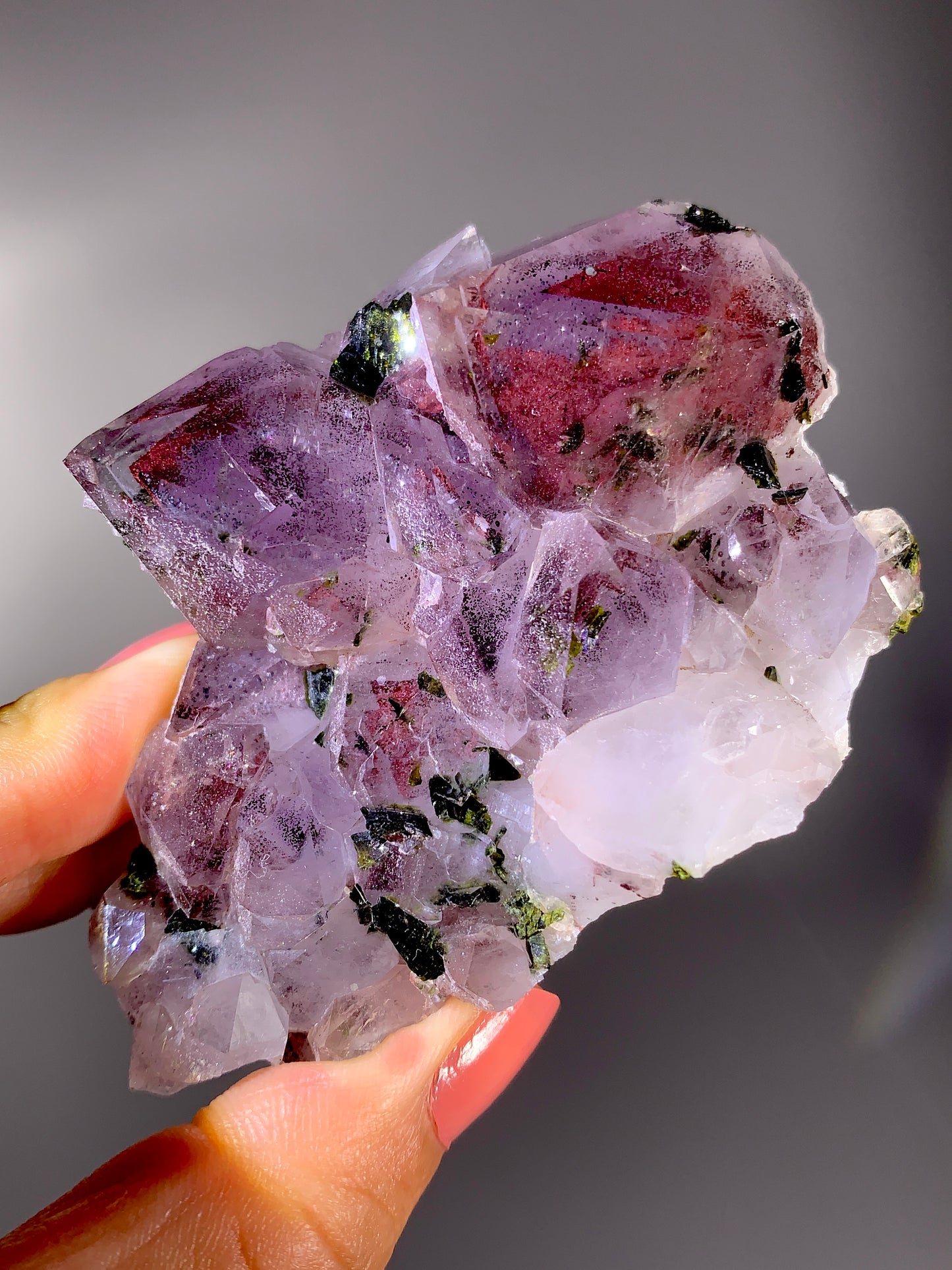High-Grade Red Sichuan Garden Quartz with Hematite Inclusion on Amethyst & Epidote | Rare Collector Mineral Specimen