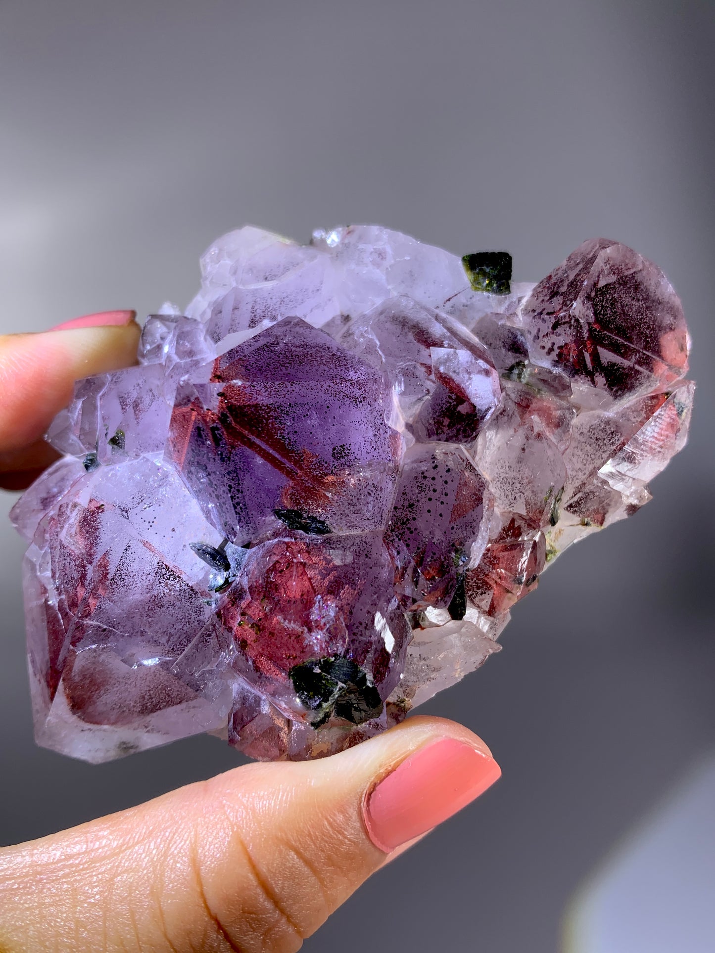High-Grade Red Sichuan Garden Quartz with Hematite Inclusion on Amethyst & Epidote | Rare Collector Mineral Specimen