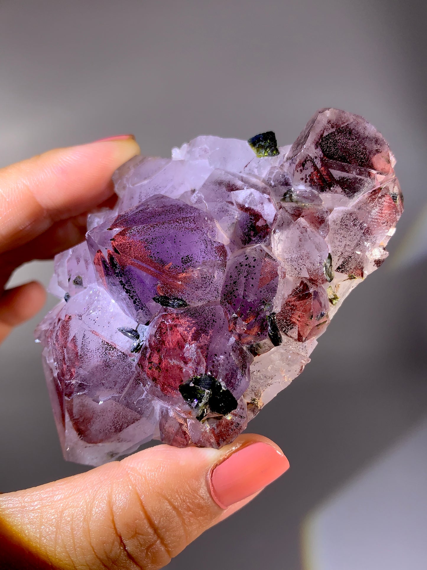 High-Grade Red Sichuan Garden Quartz with Hematite Inclusion on Amethyst & Epidote | Rare Collector Mineral Specimen