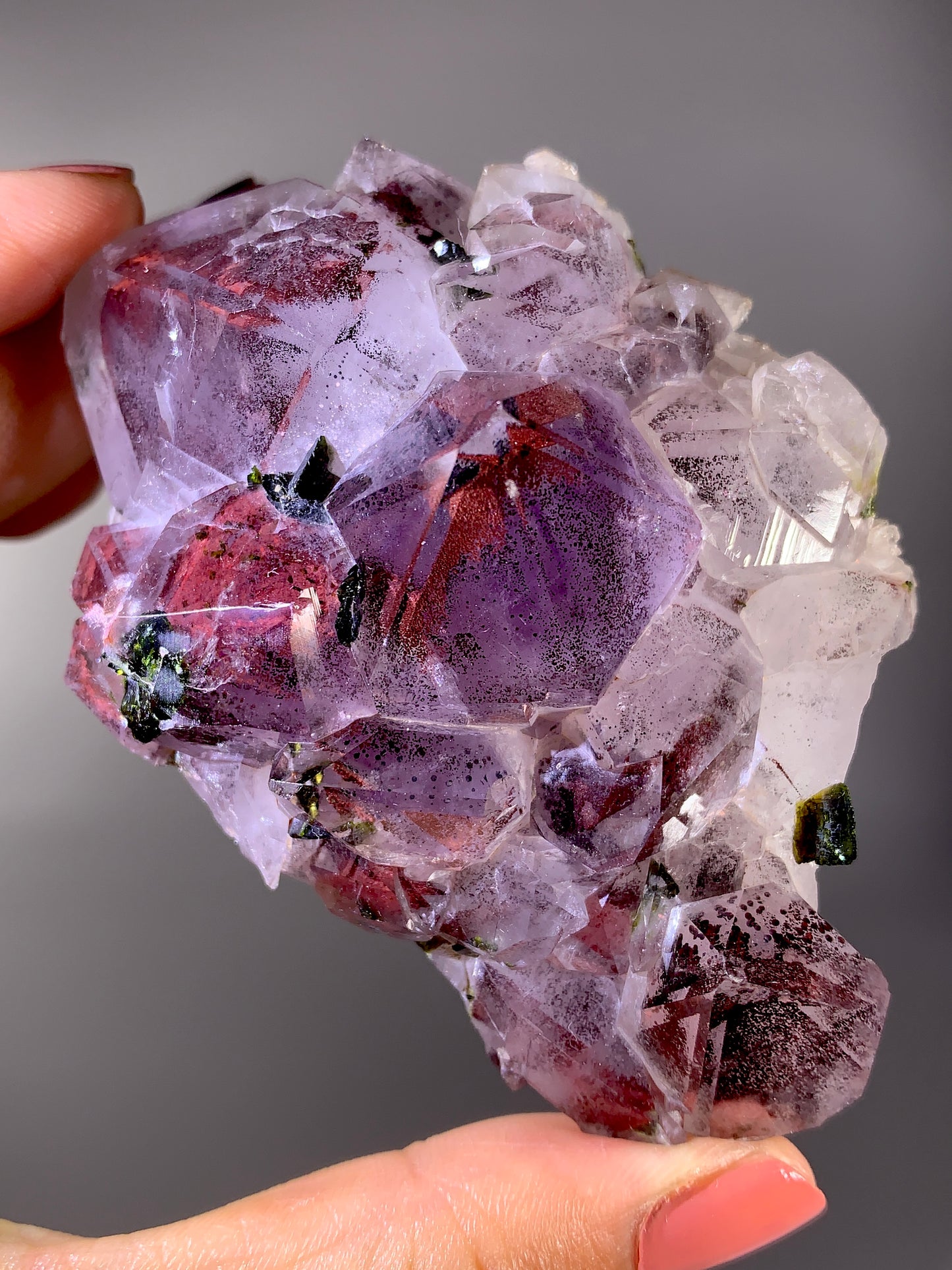 High-Grade Red Sichuan Garden Quartz with Hematite Inclusion on Amethyst & Epidote | Rare Collector Mineral Specimen