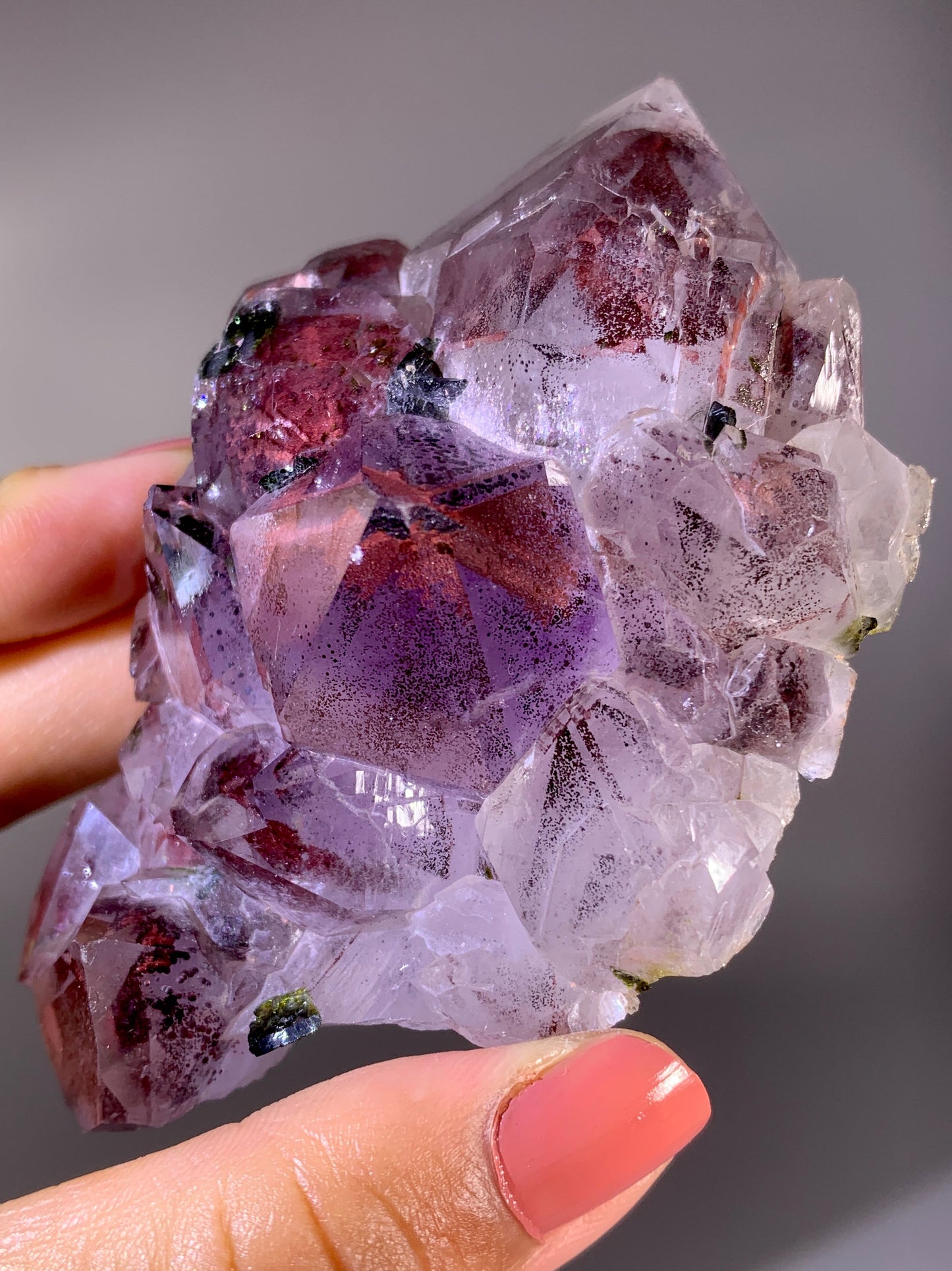 High-Grade Red Sichuan Garden Quartz with Hematite Inclusion on Amethyst & Epidote | Rare Collector Mineral Specimen