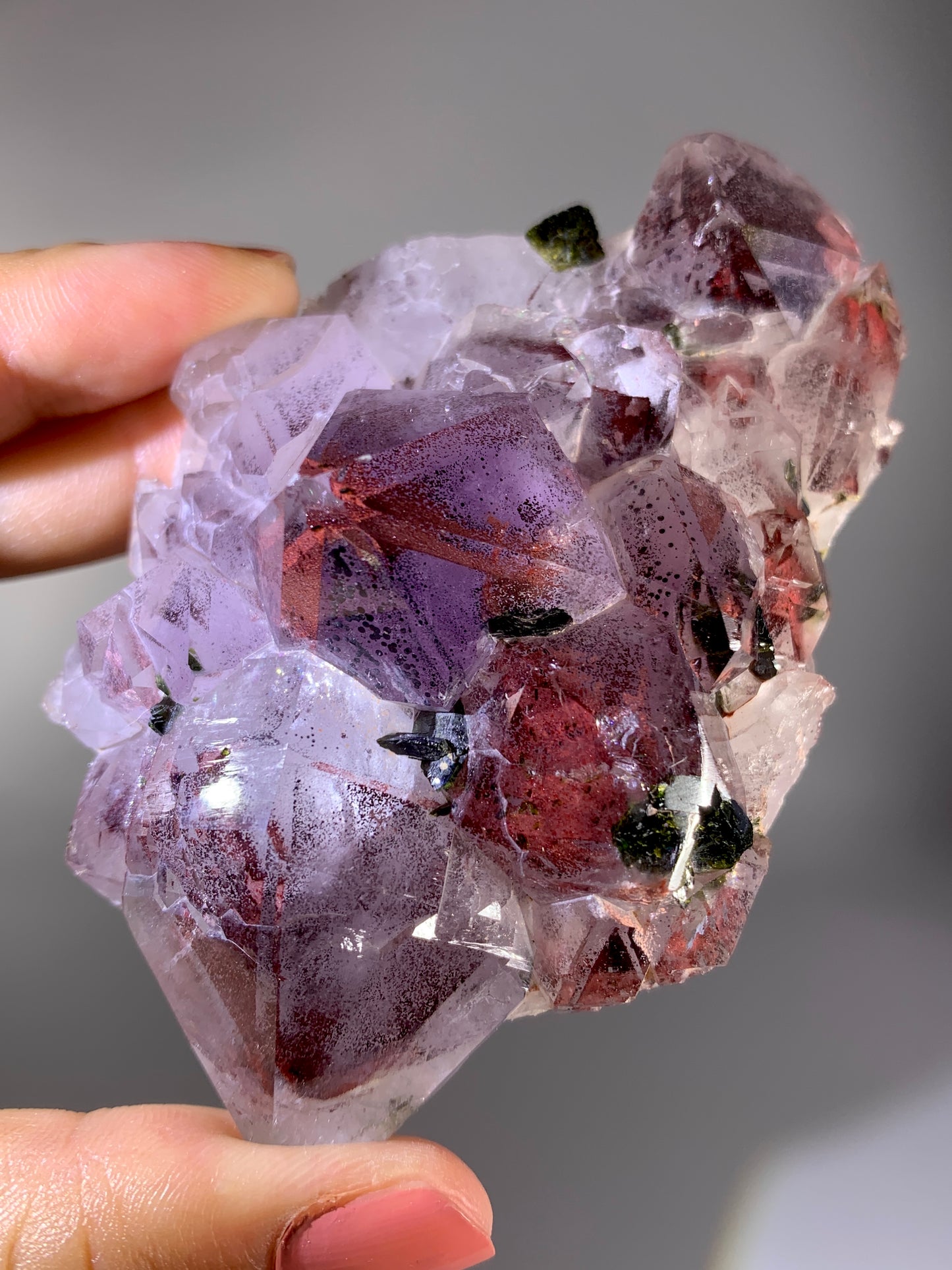 High-Grade Red Sichuan Garden Quartz with Hematite Inclusion on Amethyst & Epidote | Rare Collector Mineral Specimen