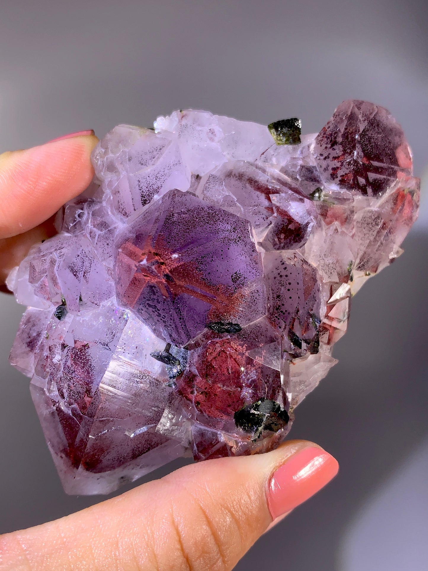 High-Grade Red Sichuan Garden Quartz with Hematite Inclusion on Amethyst & Epidote | Rare Collector Mineral Specimen