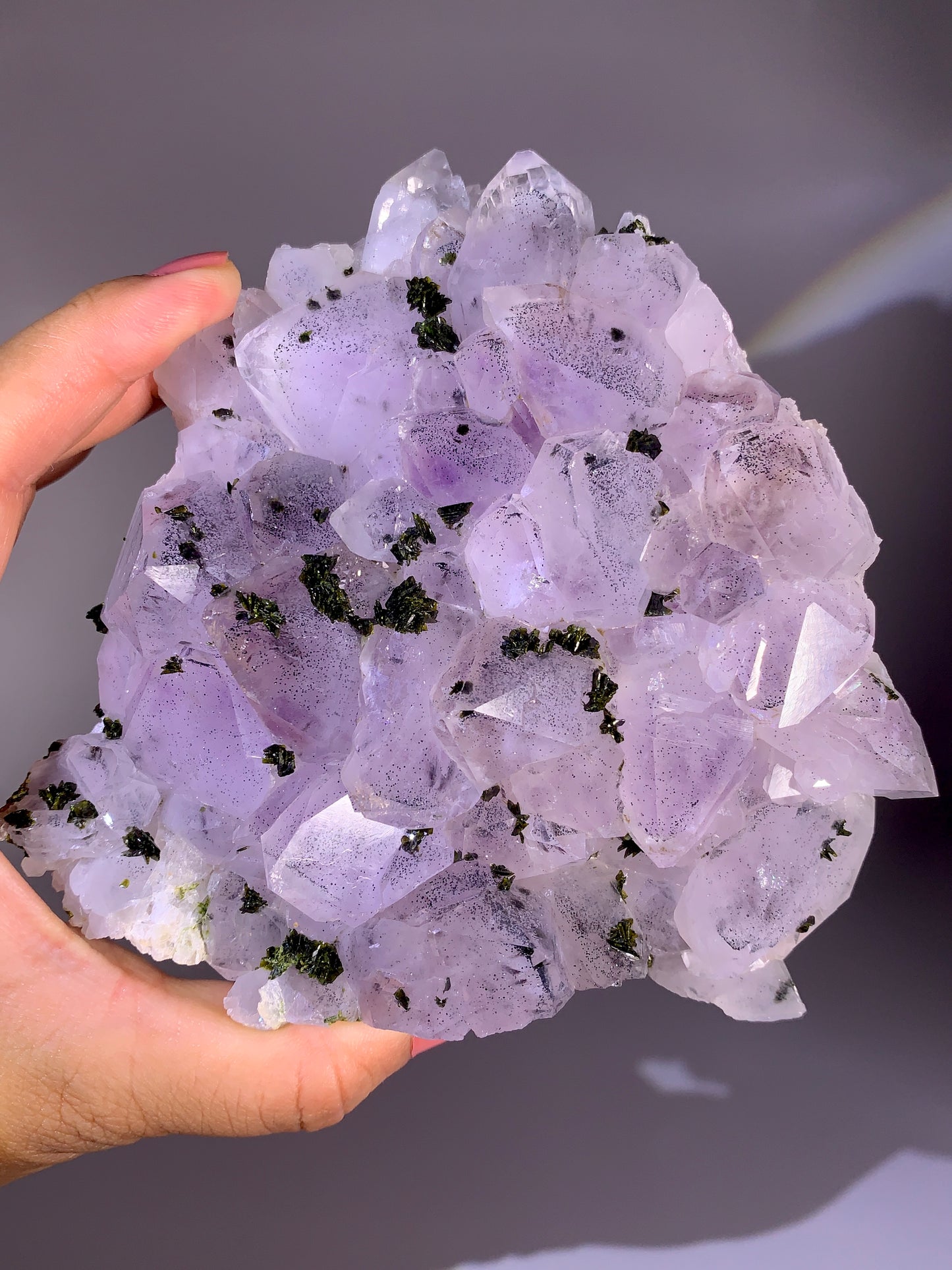 High-Grade Sichuan Garden Quartz with Shiny Black Hematite Inclusion on Amethyst & Epidote | Rare Collector Mineral Specimen