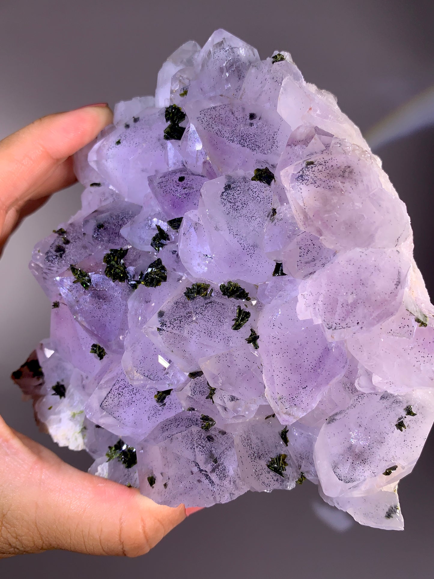 High-Grade Sichuan Garden Quartz with Shiny Black Hematite Inclusion on Amethyst & Epidote | Rare Collector Mineral Specimen