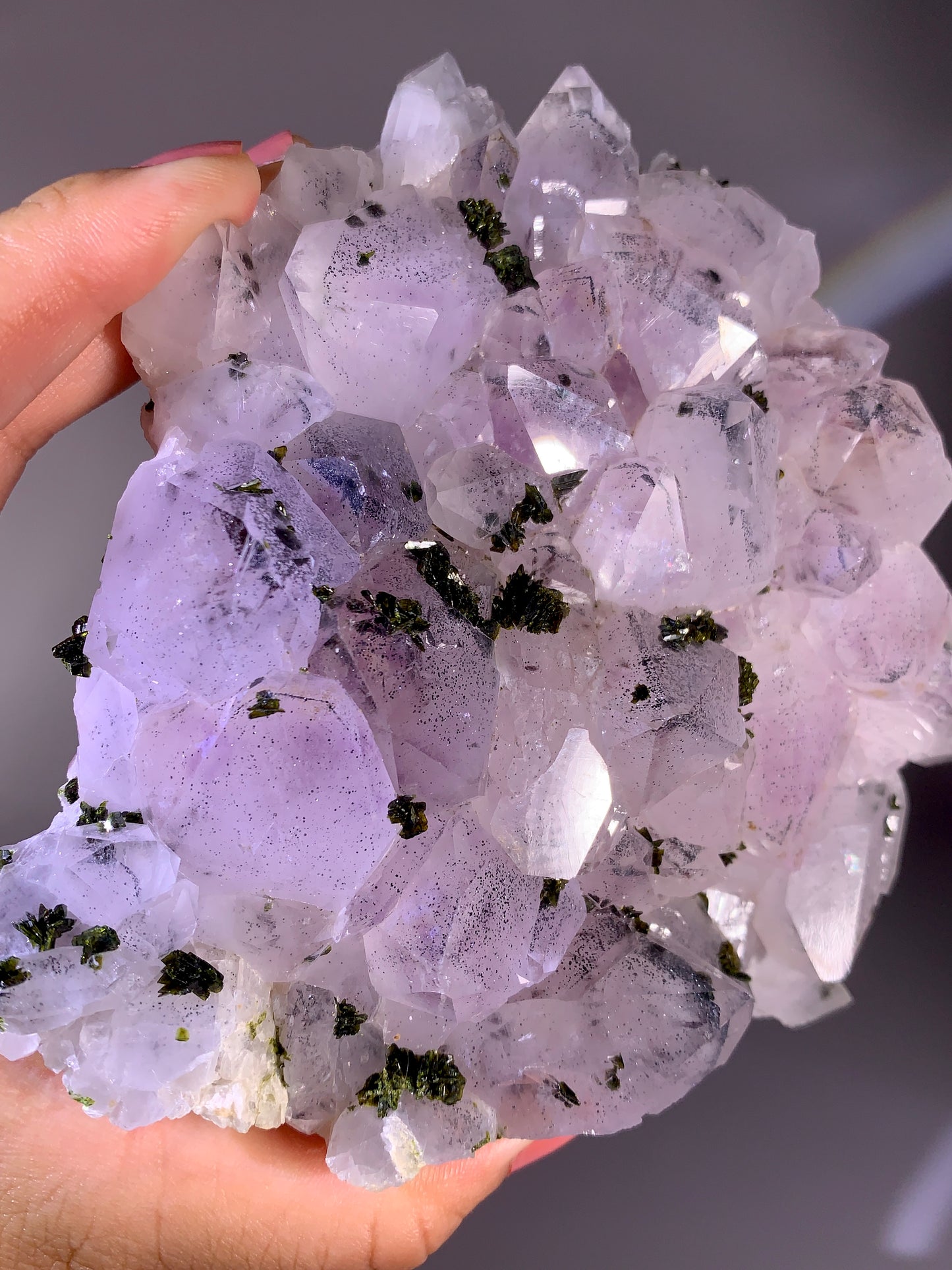High-Grade Sichuan Garden Quartz with Shiny Black Hematite Inclusion on Amethyst & Epidote | Rare Collector Mineral Specimen