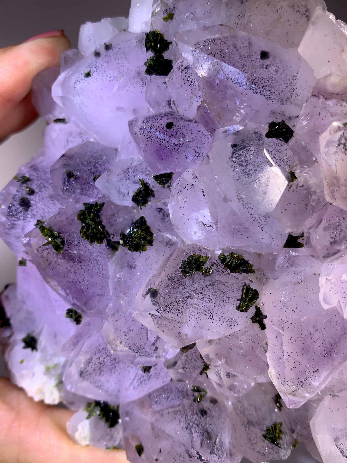 High-Grade Sichuan Garden Quartz with Shiny Black Hematite Inclusion on Amethyst & Epidote | Rare Collector Mineral Specimen