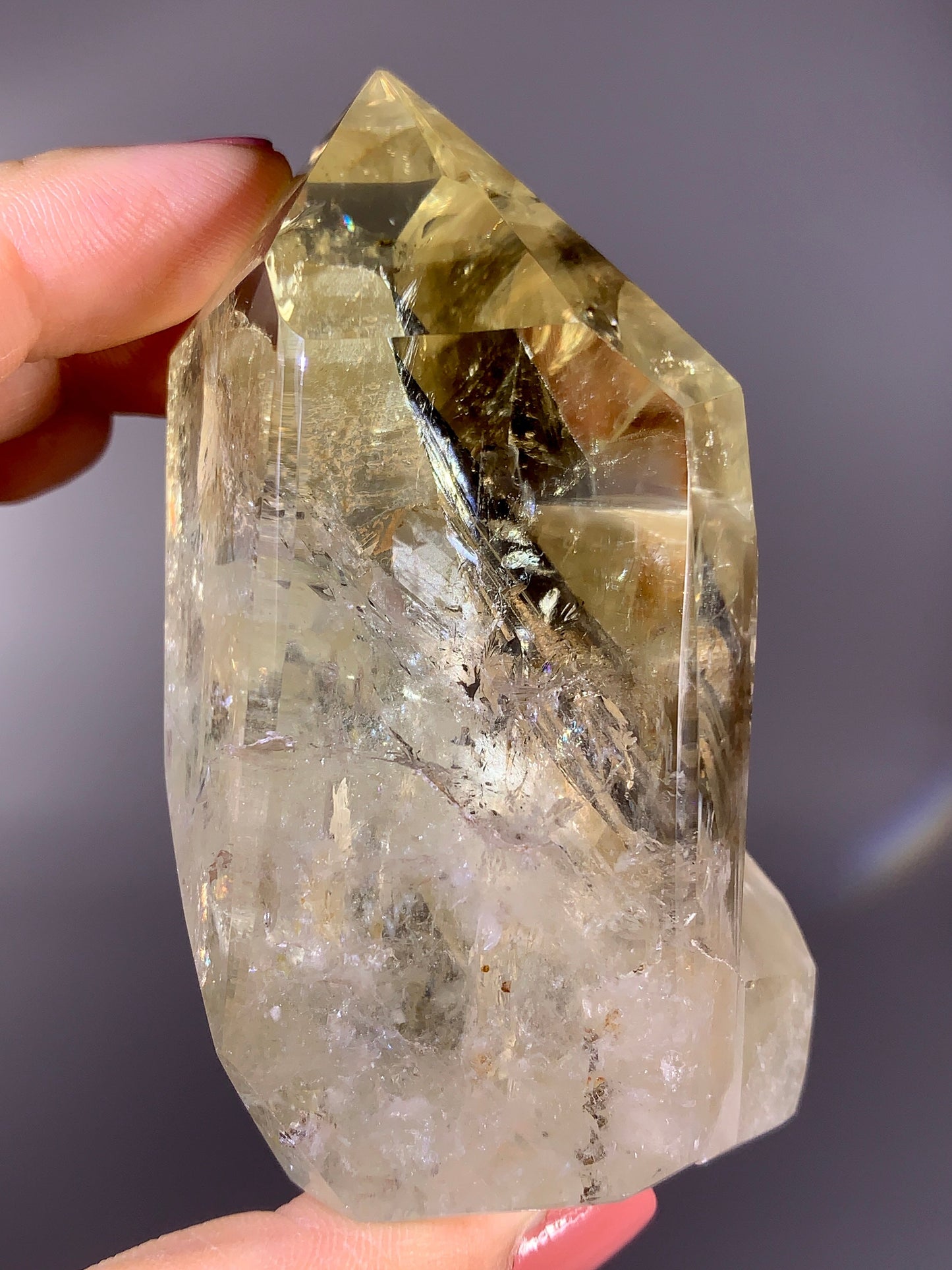 Penetrating Quartz-in-Quartz Citrine Tower with Natural Rainbow from Brazil