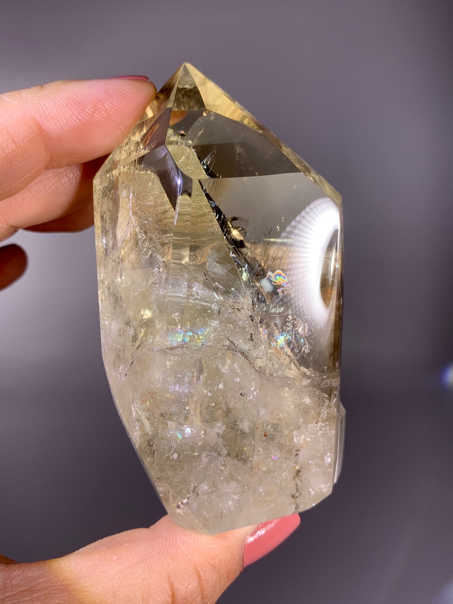 Penetrating Quartz-in-Quartz Citrine Tower with Natural Rainbow from Brazil