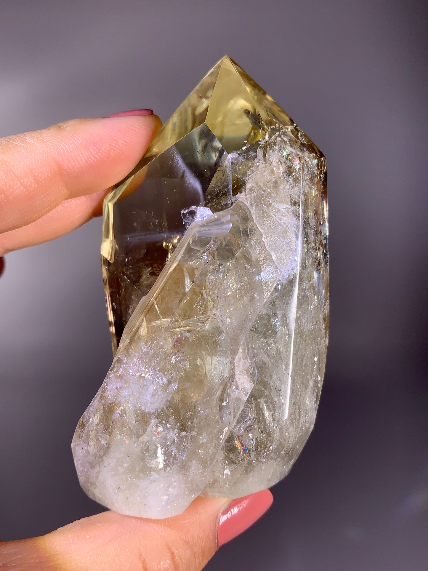 Penetrating Quartz-in-Quartz Citrine Tower with Natural Rainbow from Brazil