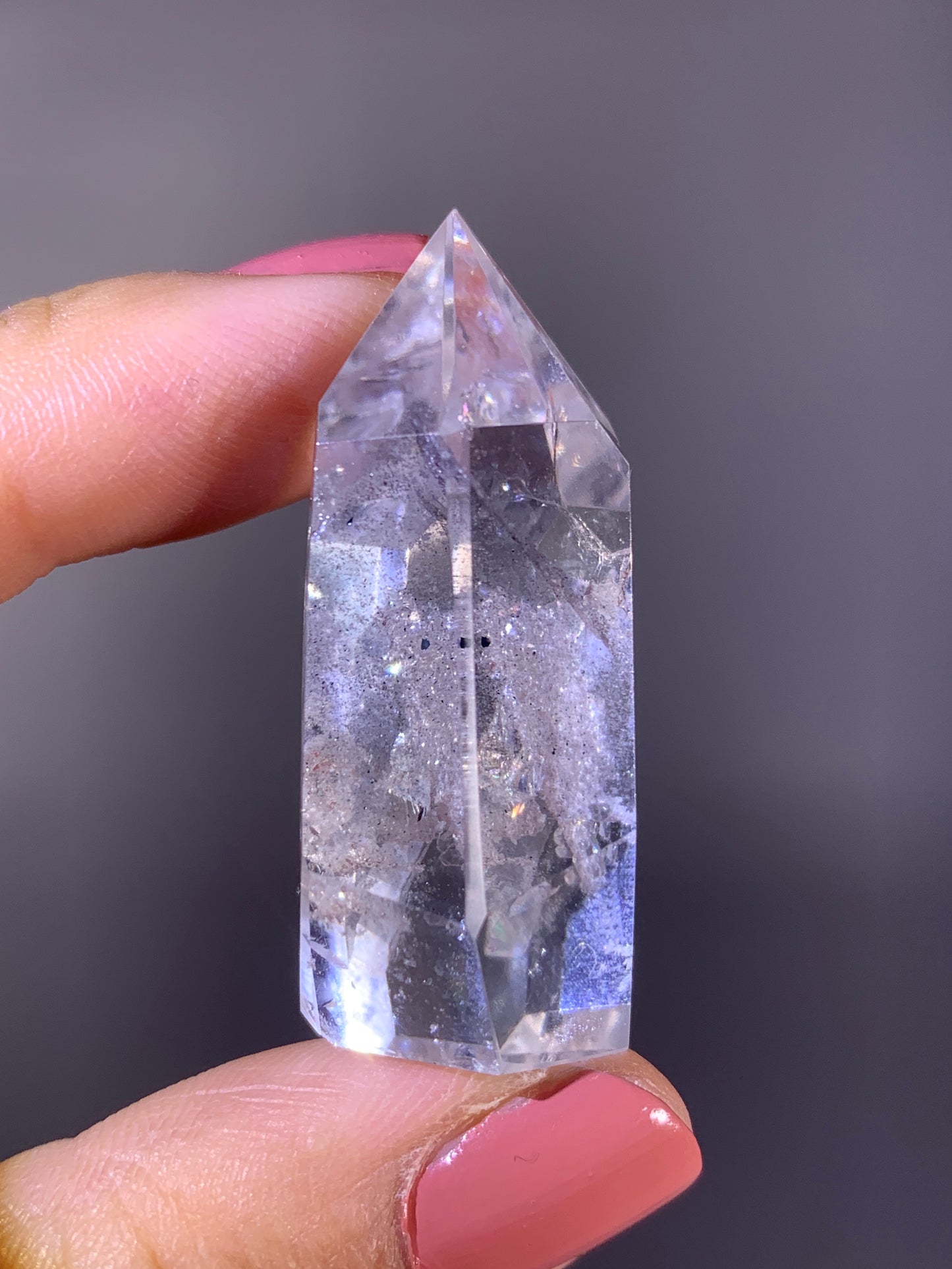 Rare Quartz-in-Quartz Cluster with Grey Phantom in Clear Quartz Polished Tower from Madagascar | Collector Specimen