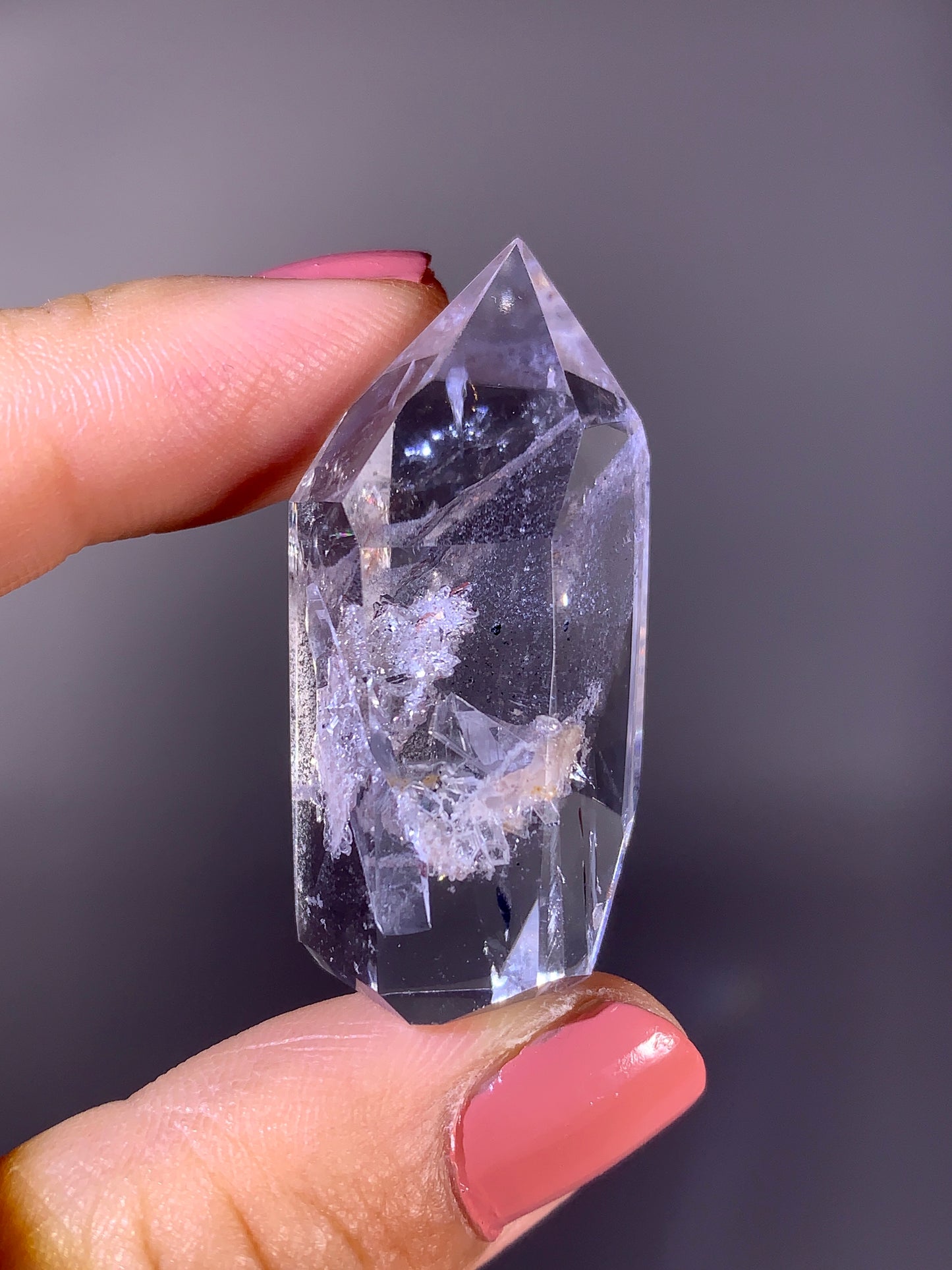 Rare Quartz-in-Quartz Cluster with Grey Phantom in Clear Quartz Polished Tower from Madagascar | Collector Specimen
