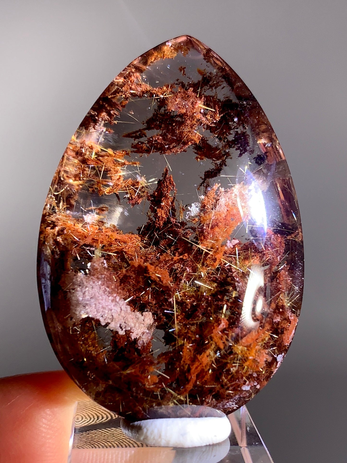 High-Grade Red & Pink Four Season Garden Quartz with Gold Rutile Polished Teardrop from Brazil