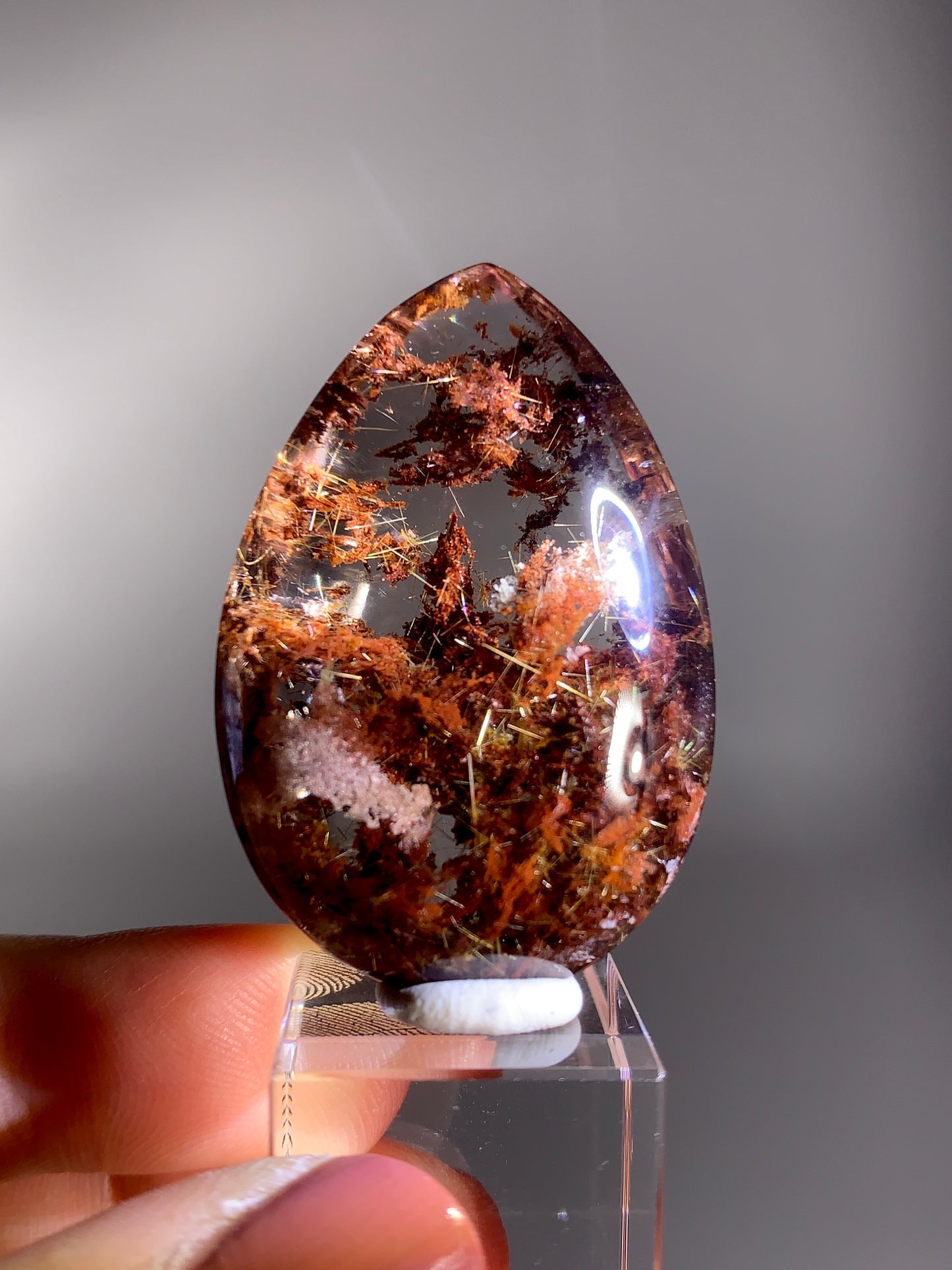High-Grade Red & Pink Four Season Garden Quartz with Gold Rutile Polished Teardrop from Brazil