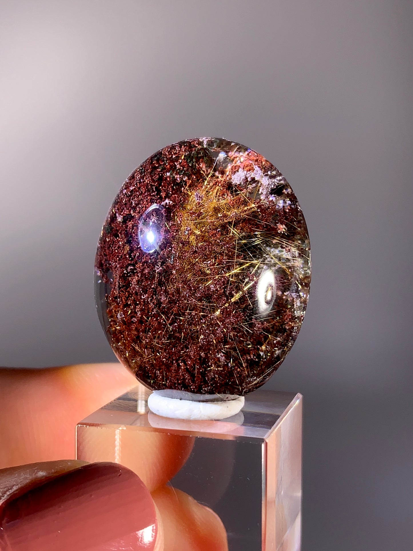 High-Grade Red Four Season Garden Quartz with Gold Rutile Polished Cabochon from Brazil