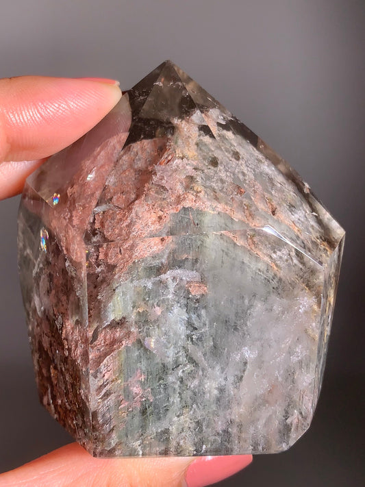 Statement Piece High-Quality Pink & Grey-Green Garden Quartz With Multiple Manifestations & Rainbows Tower from Brazil