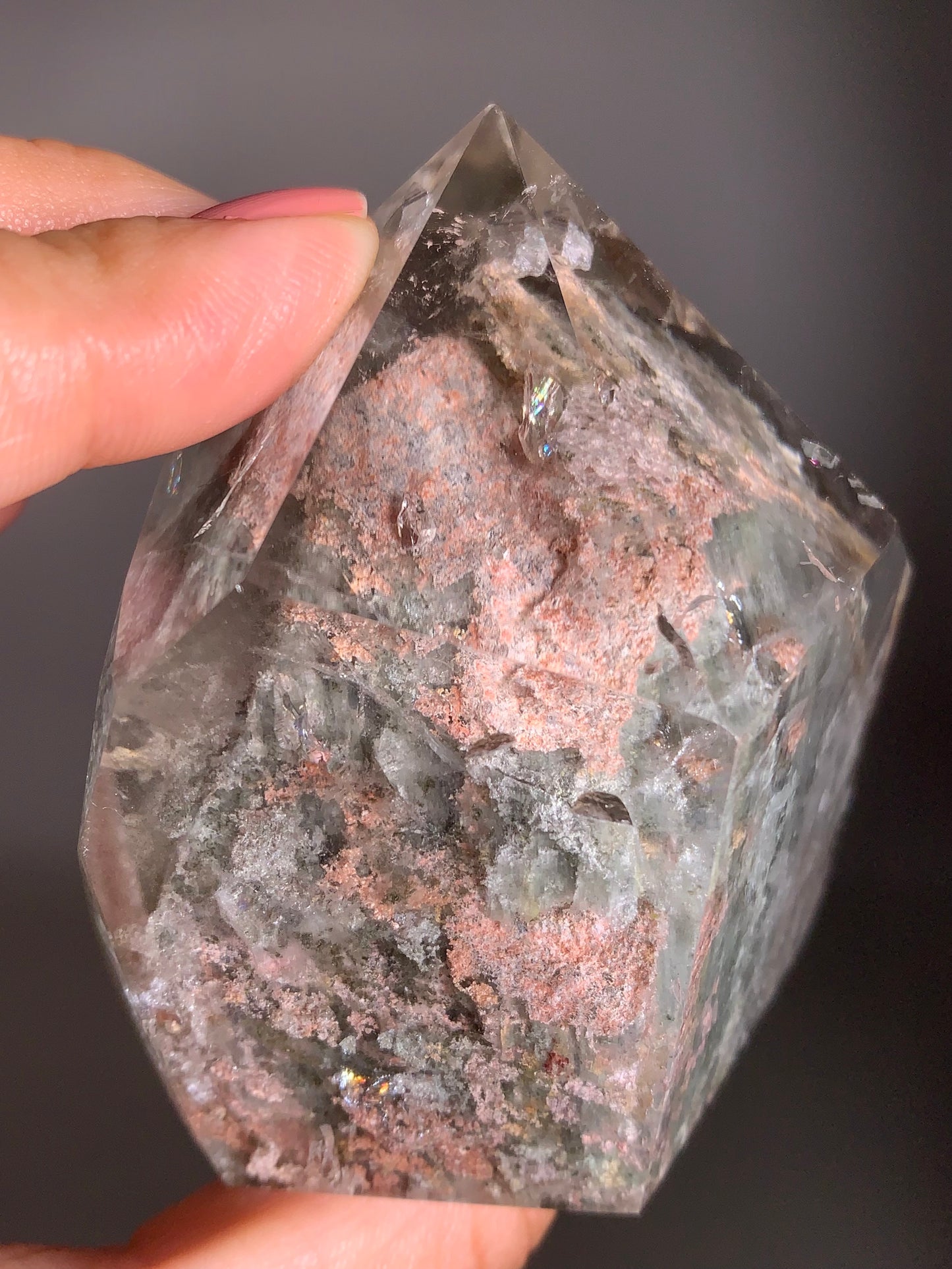 Statement Piece High-Quality Pink & Grey-Green Garden Quartz With Multiple Manifestations & Rainbows Tower from Brazil