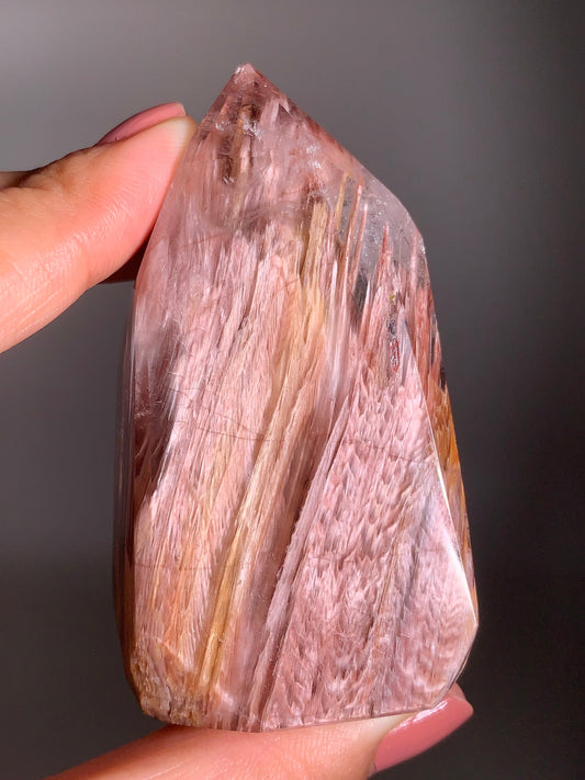 Rare Shiny Pink Amphibole Quartz Tower from Brazil – Collector’s Crystal