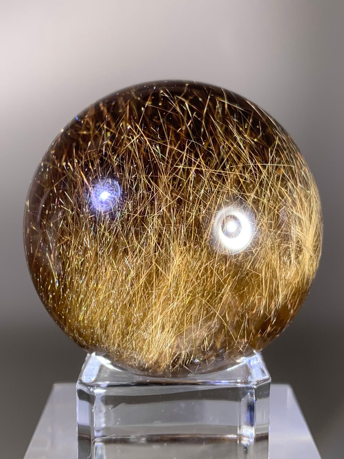 Collector’s Piece Top-Quality Gold Rutile in Smoky Quartz Sphere from Brazil – Rare Crystal