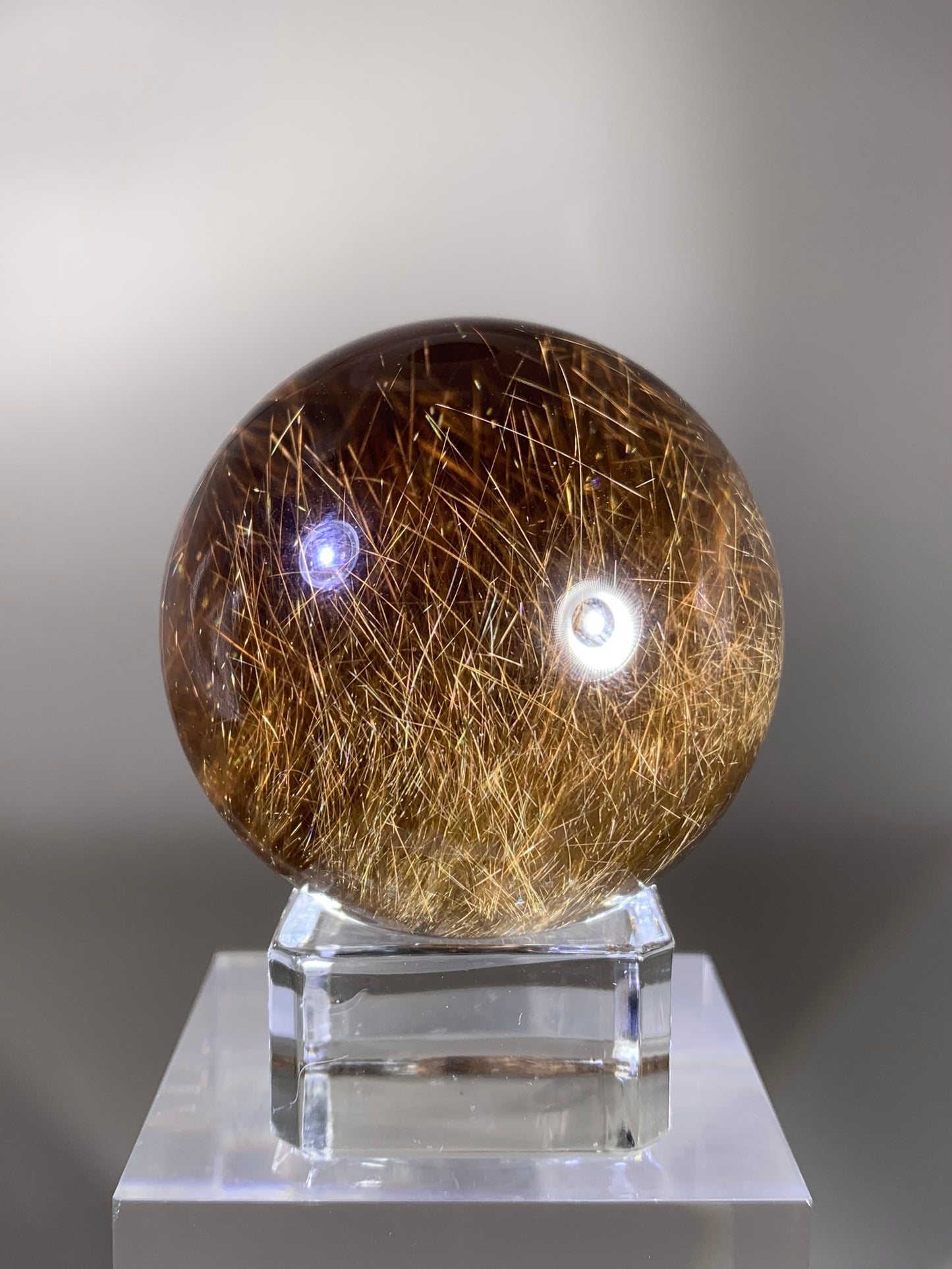 Collector’s Piece Top-Quality Gold Rutile in Smoky Quartz Sphere from Brazil – Rare Crystal