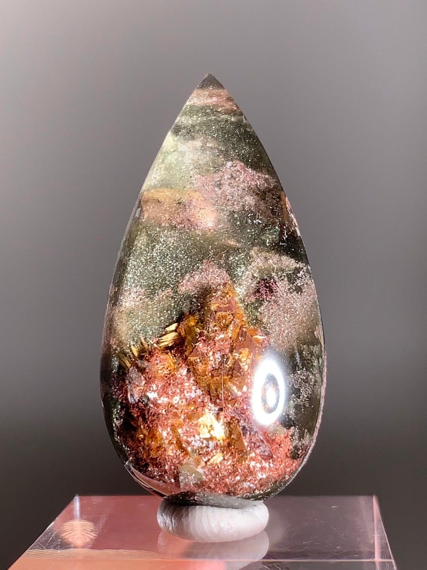 Collector’s Piece Shimmery Green & Pink Garden Quartz with Shiny Gold Mica & Rutile Polished Teardrop – Rare Crystal from Brazil