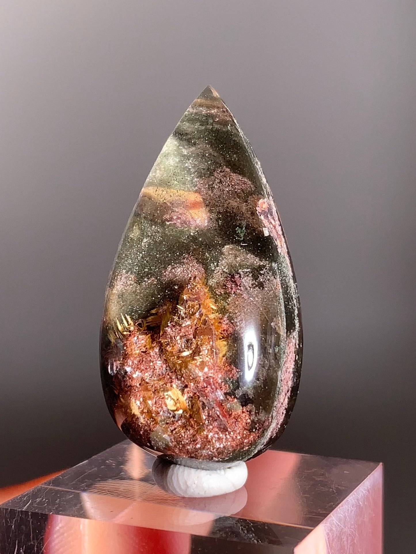 Collector’s Piece Shimmery Green & Pink Garden Quartz with Shiny Gold Mica & Rutile Polished Teardrop – Rare Crystal from Brazil